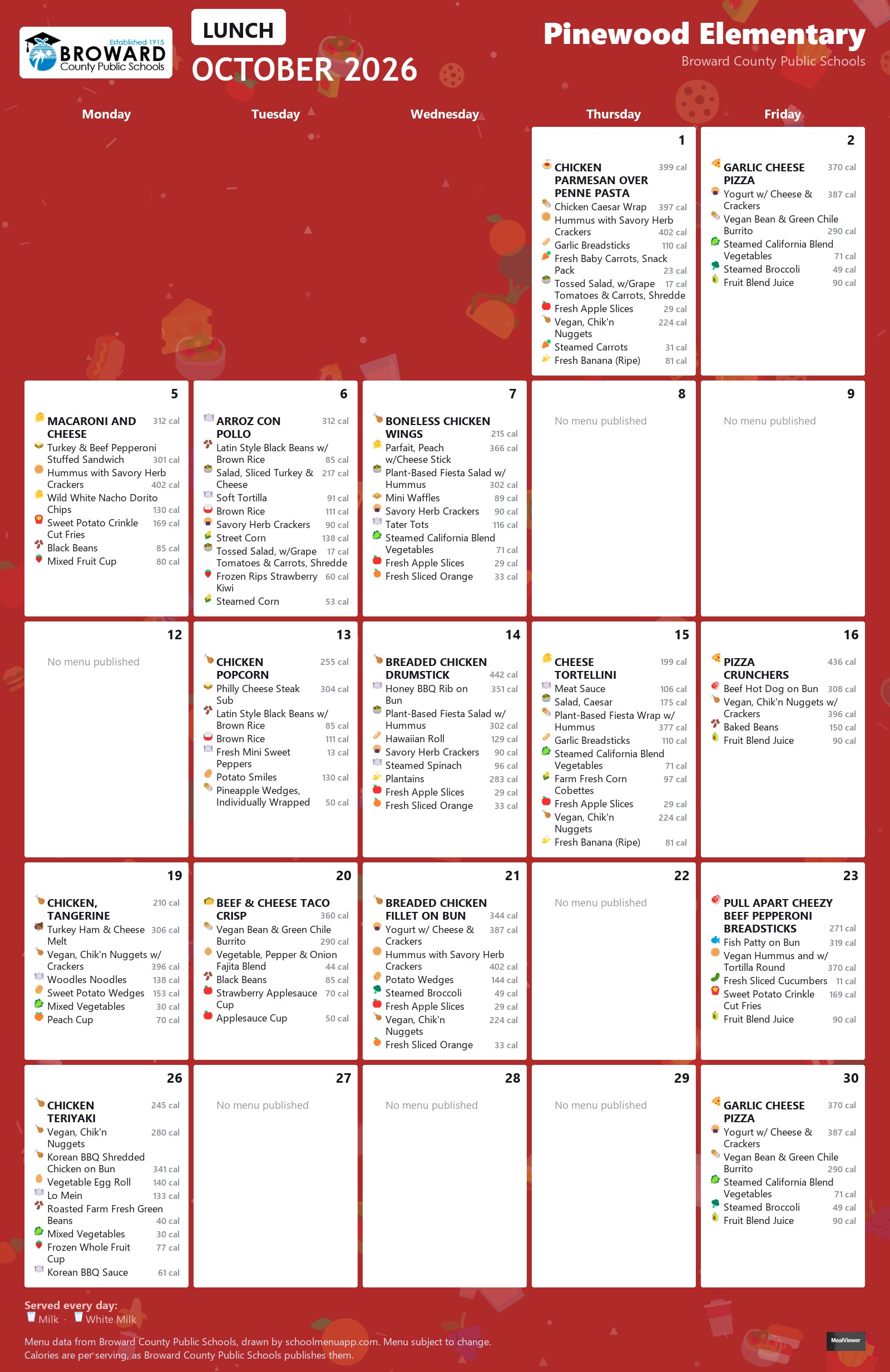 Pinewood Elementary lunch menu for October 2026 &mdash; Broward County Public Schools