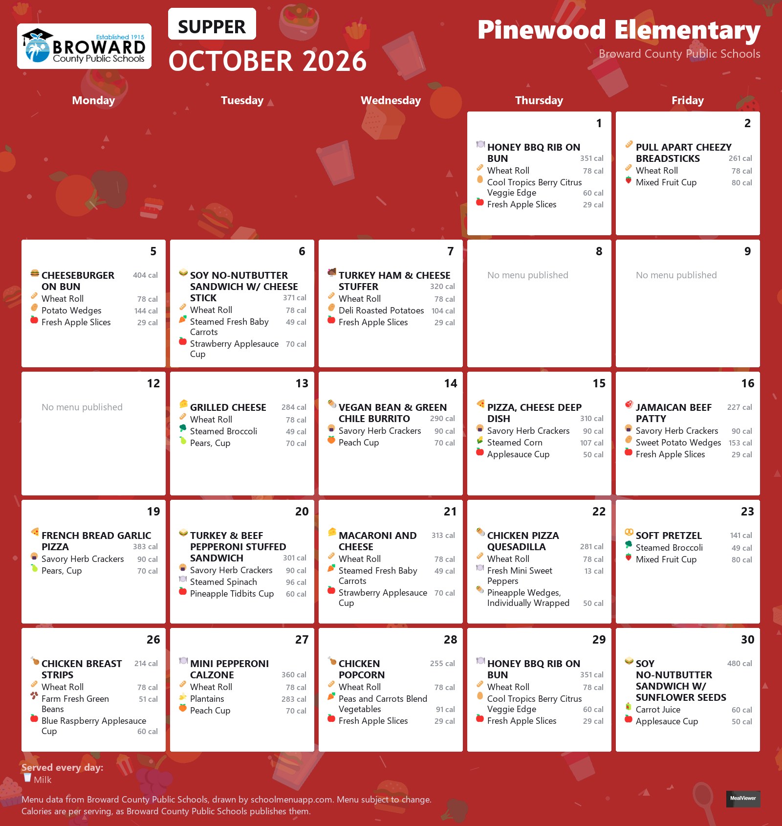 Pinewood Elementary supper menu for October 2026 &mdash; Broward County Public Schools