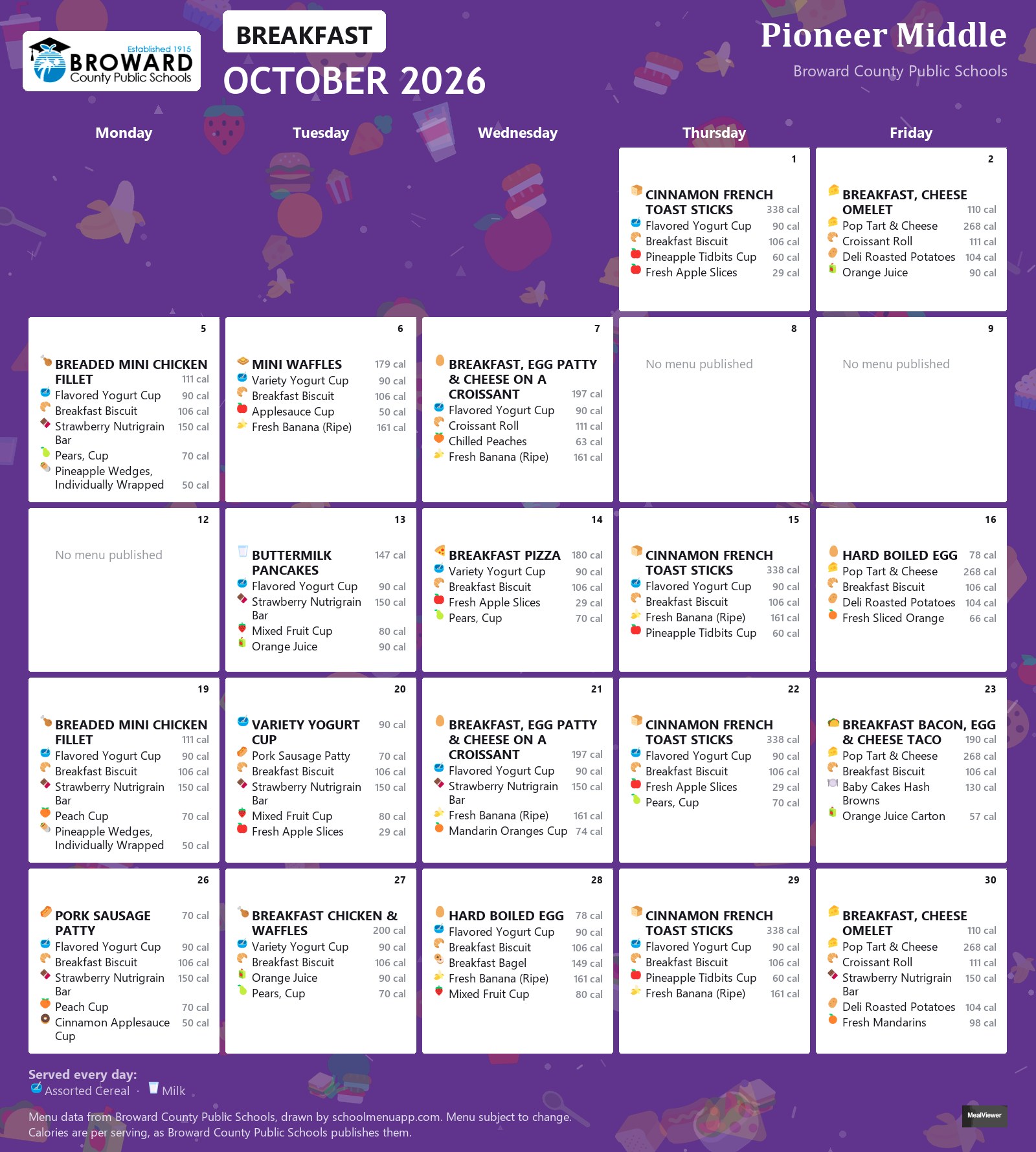 Pioneer Middle breakfast menu for October 2026 &mdash; Broward County Public Schools