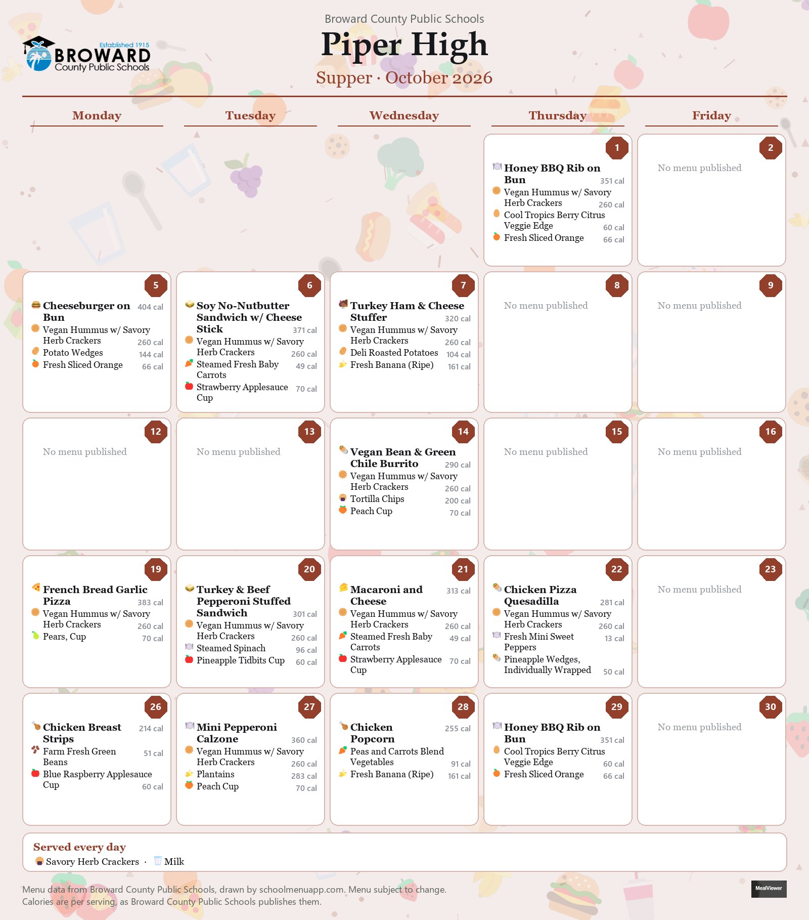Piper High supper menu for October 2026 &mdash; Broward County Public Schools