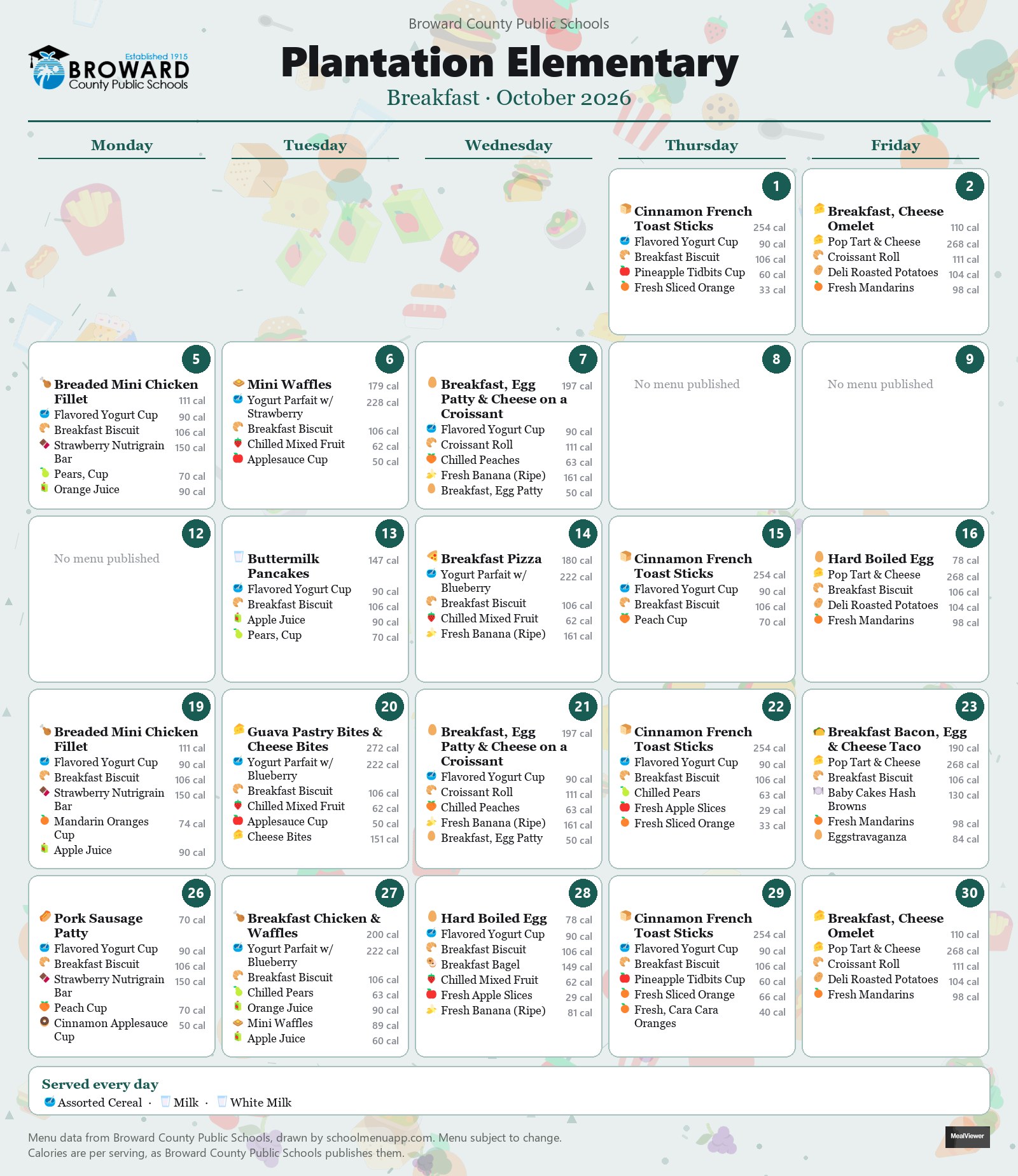Plantation Elementary breakfast menu for October 2026 &mdash; Broward County Public Schools