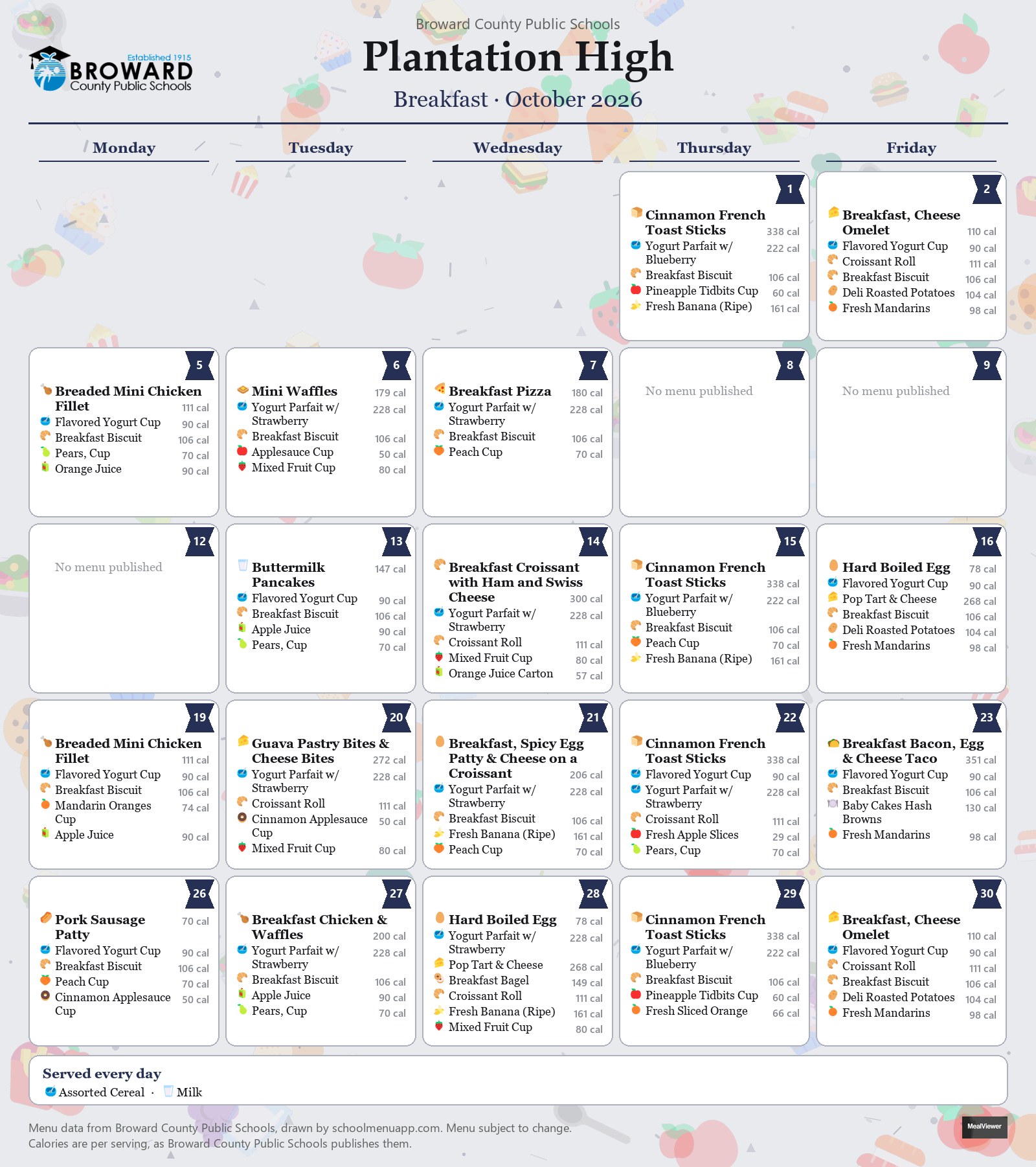 Plantation High breakfast menu for October 2026 &mdash; Broward County Public Schools