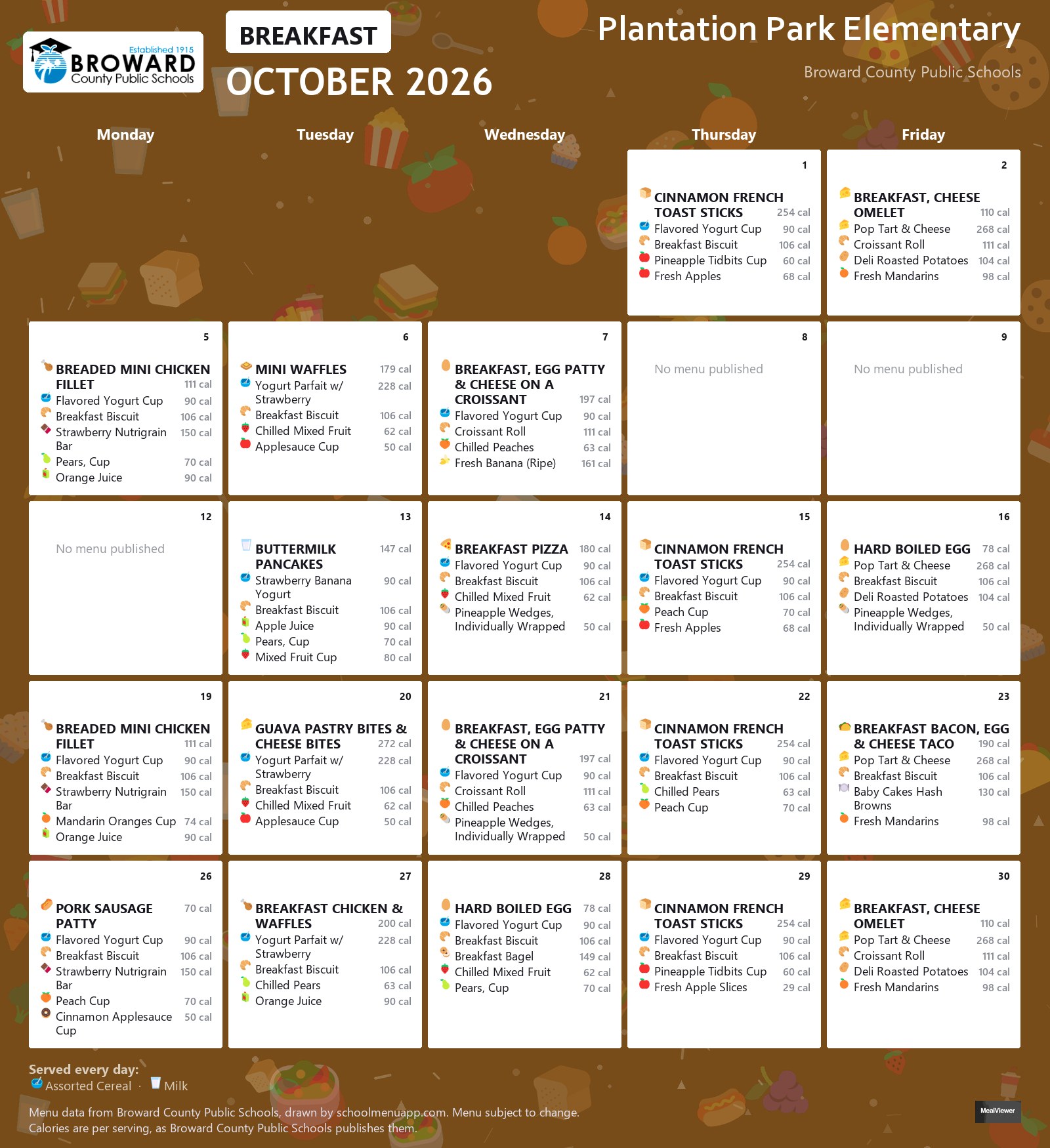 Plantation Park Elementary breakfast menu for October 2026 &mdash; Broward County Public Schools