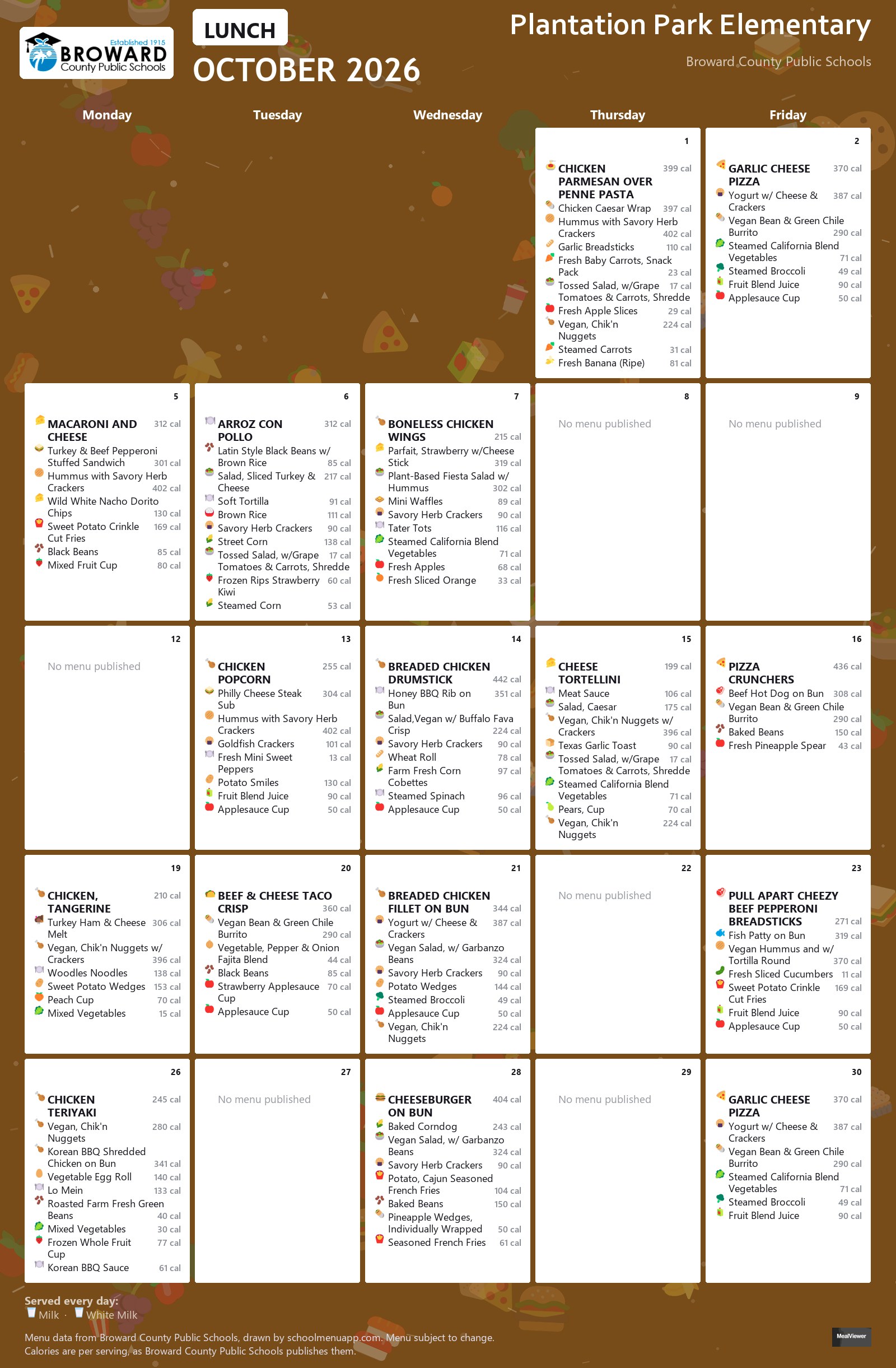 Plantation Park Elementary lunch menu for October 2026 &mdash; Broward County Public Schools