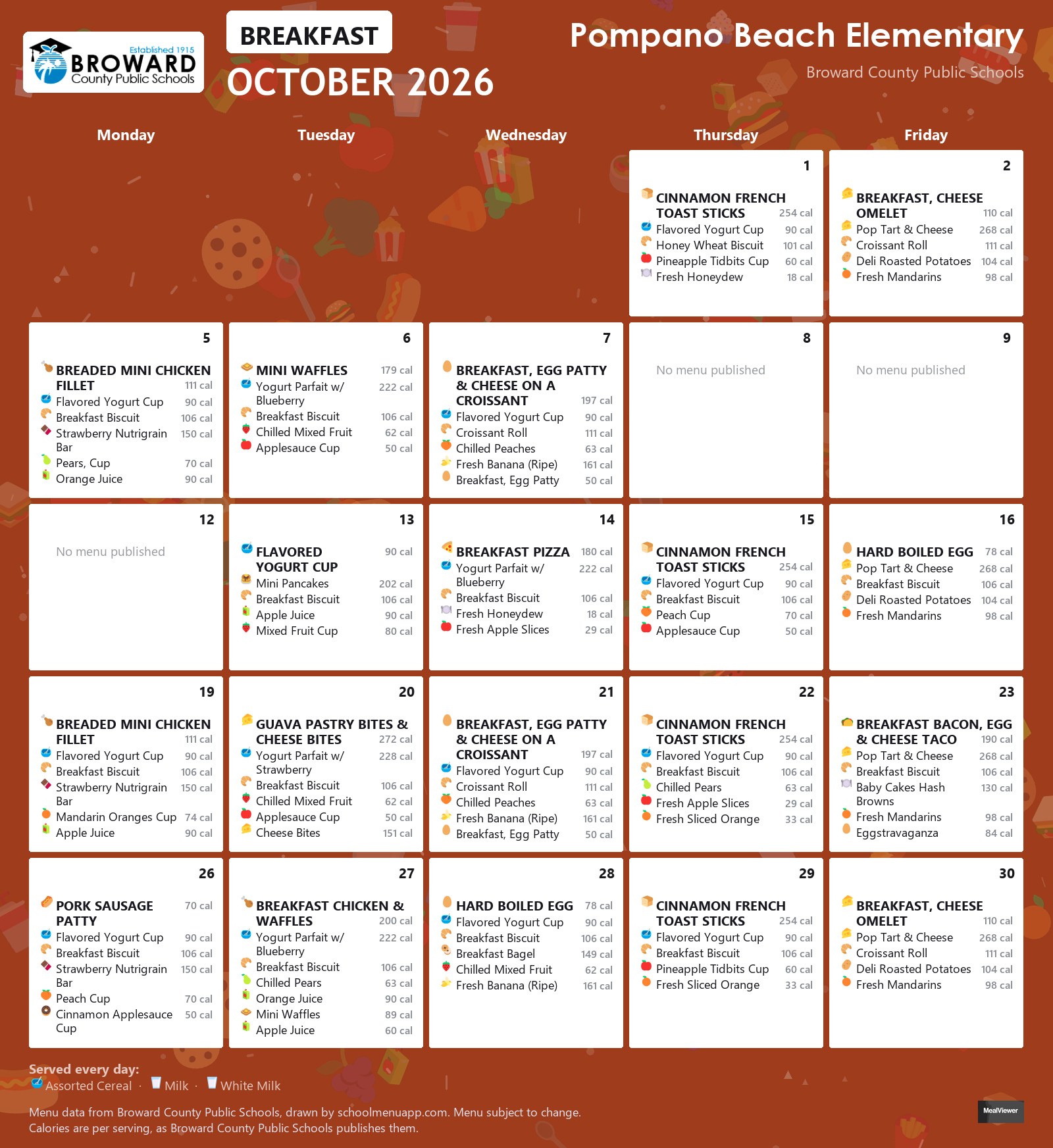 Pompano Beach Elementary breakfast menu for October 2026 &mdash; Broward County Public Schools