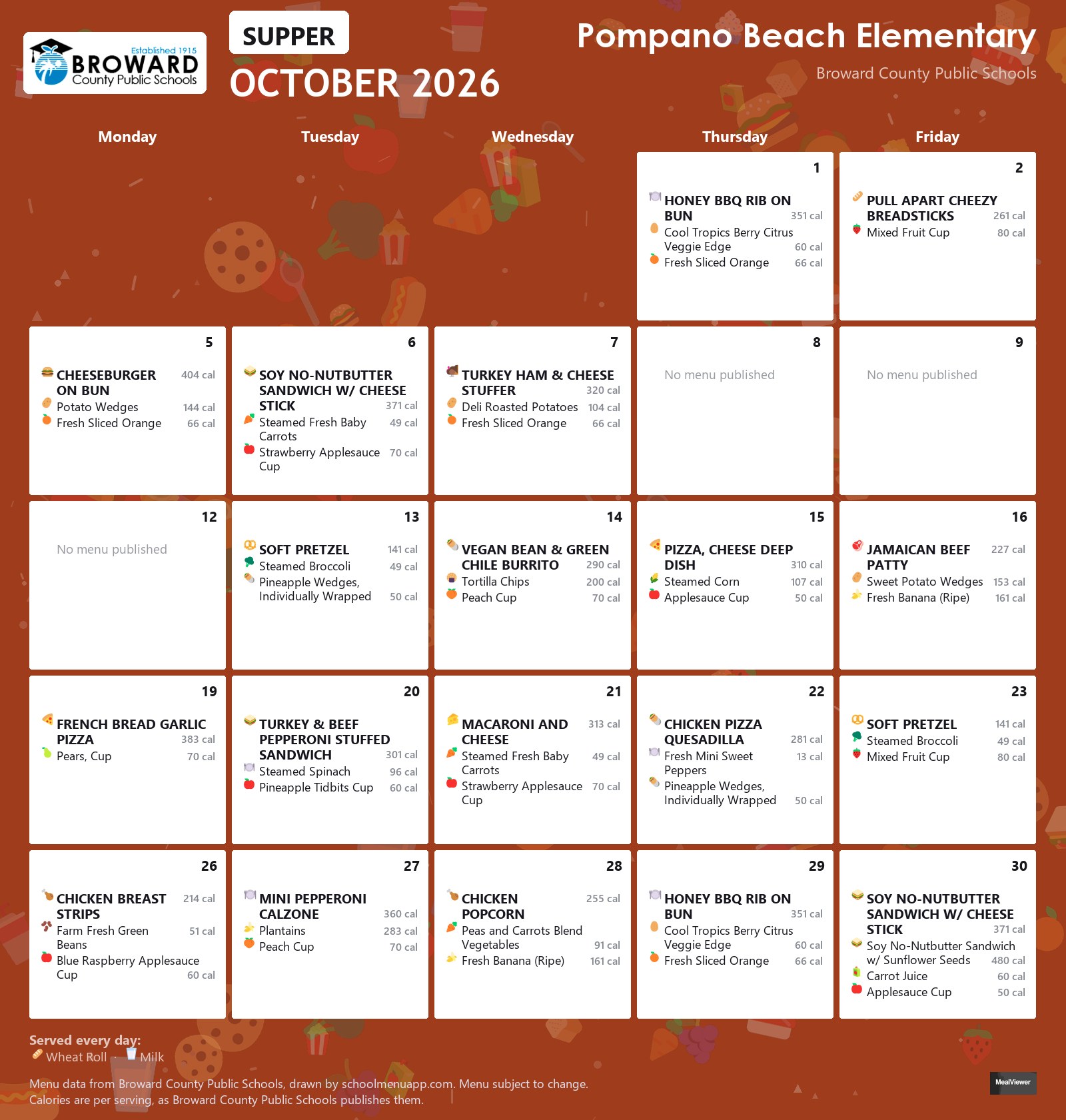 Pompano Beach Elementary supper menu for October 2026 &mdash; Broward County Public Schools