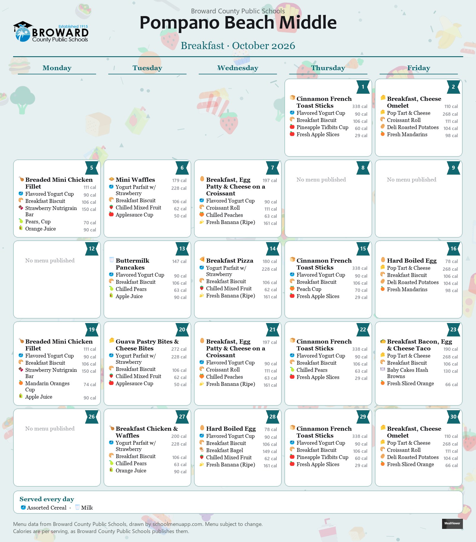 Pompano Beach Middle breakfast menu for October 2026 &mdash; Broward County Public Schools