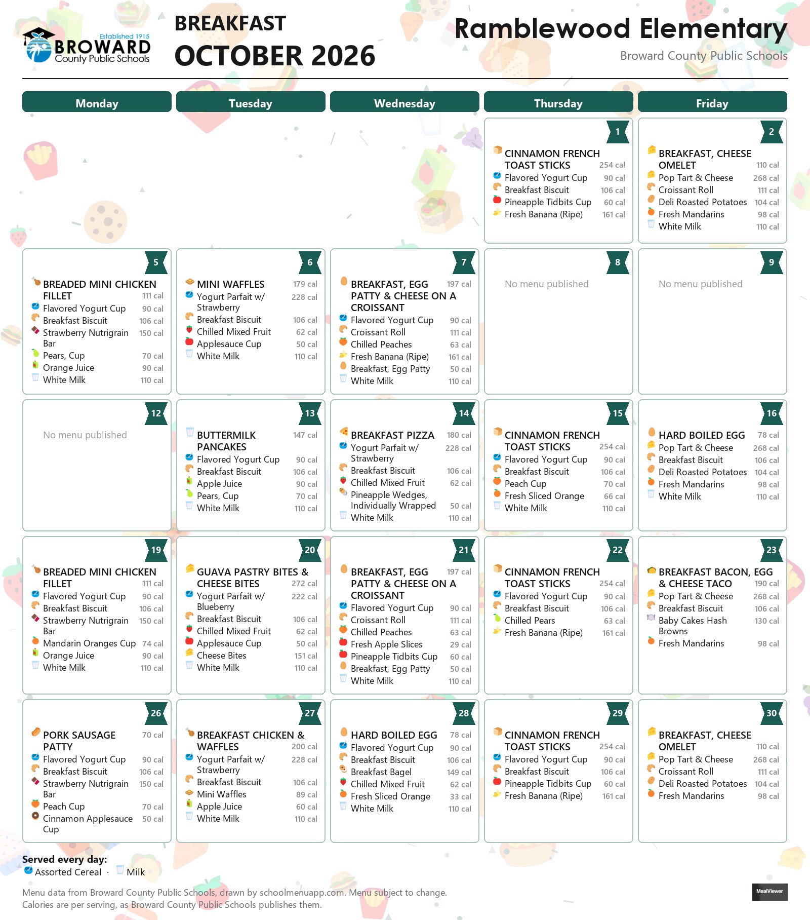 Ramblewood Elementary breakfast menu for October 2026 &mdash; Broward County Public Schools