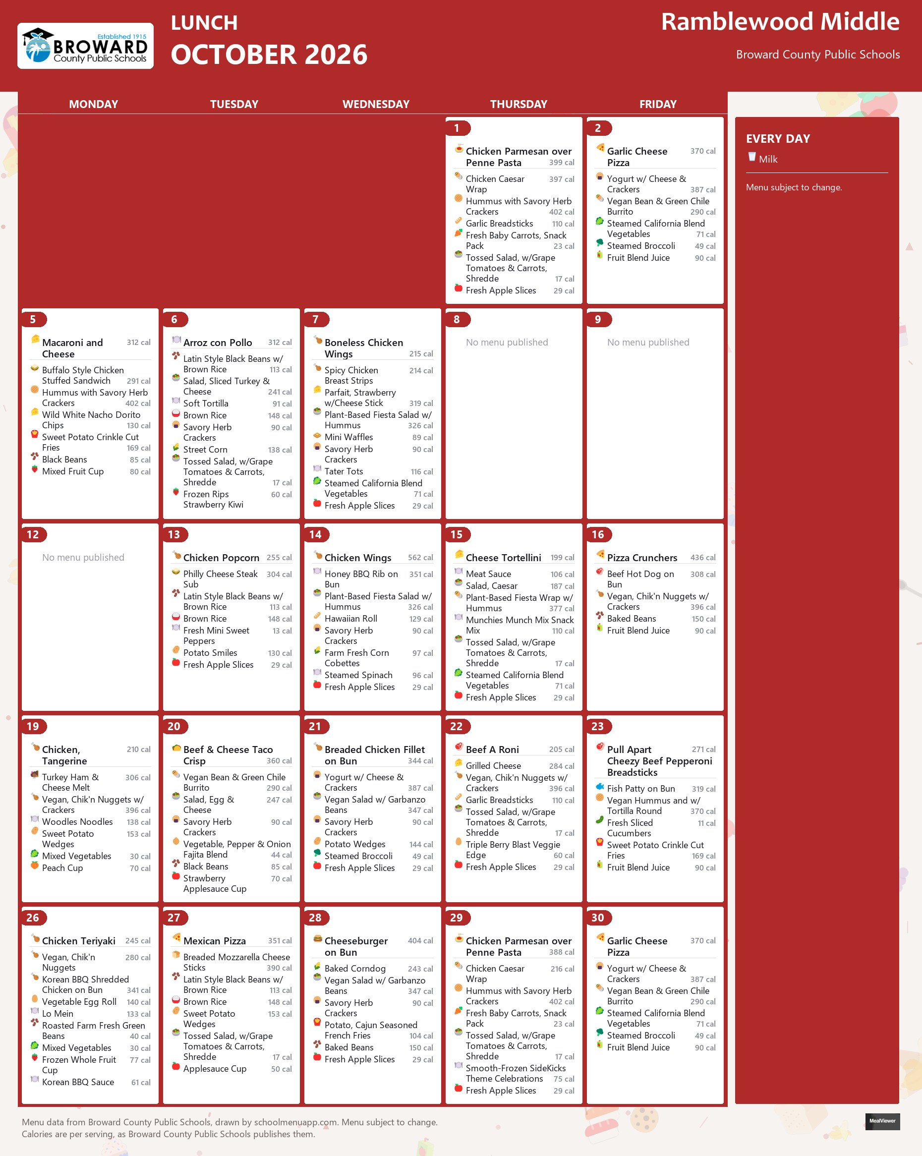Ramblewood Middle lunch menu for October 2026 &mdash; Broward County Public Schools