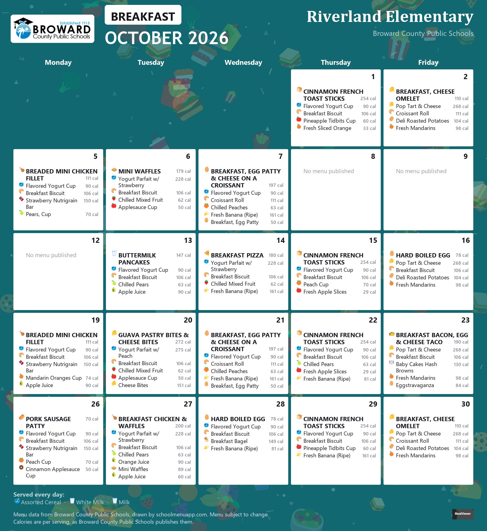 Riverland Elementary breakfast menu for October 2026 &mdash; Broward County Public Schools
