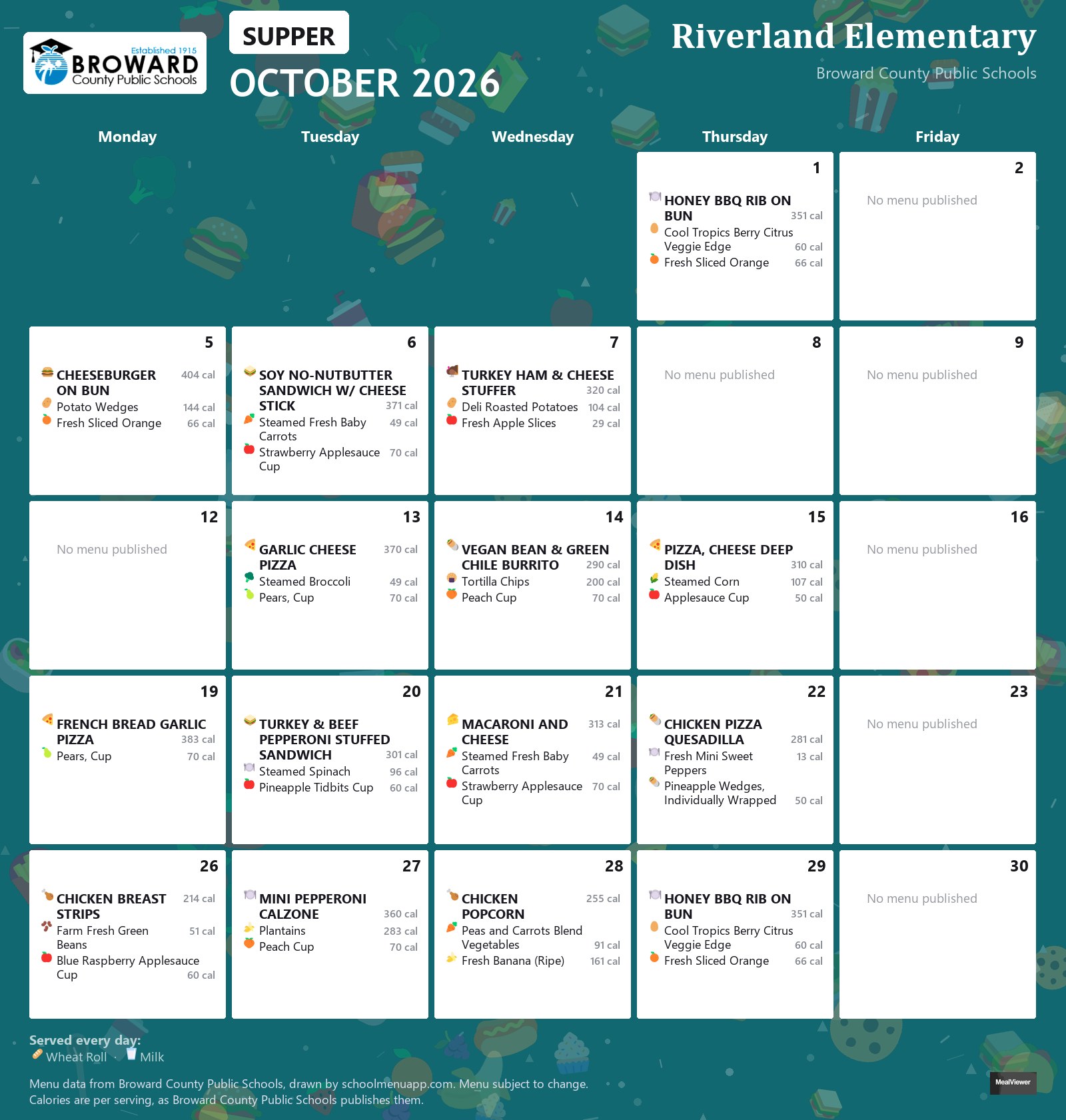 Riverland Elementary supper menu for October 2026 &mdash; Broward County Public Schools