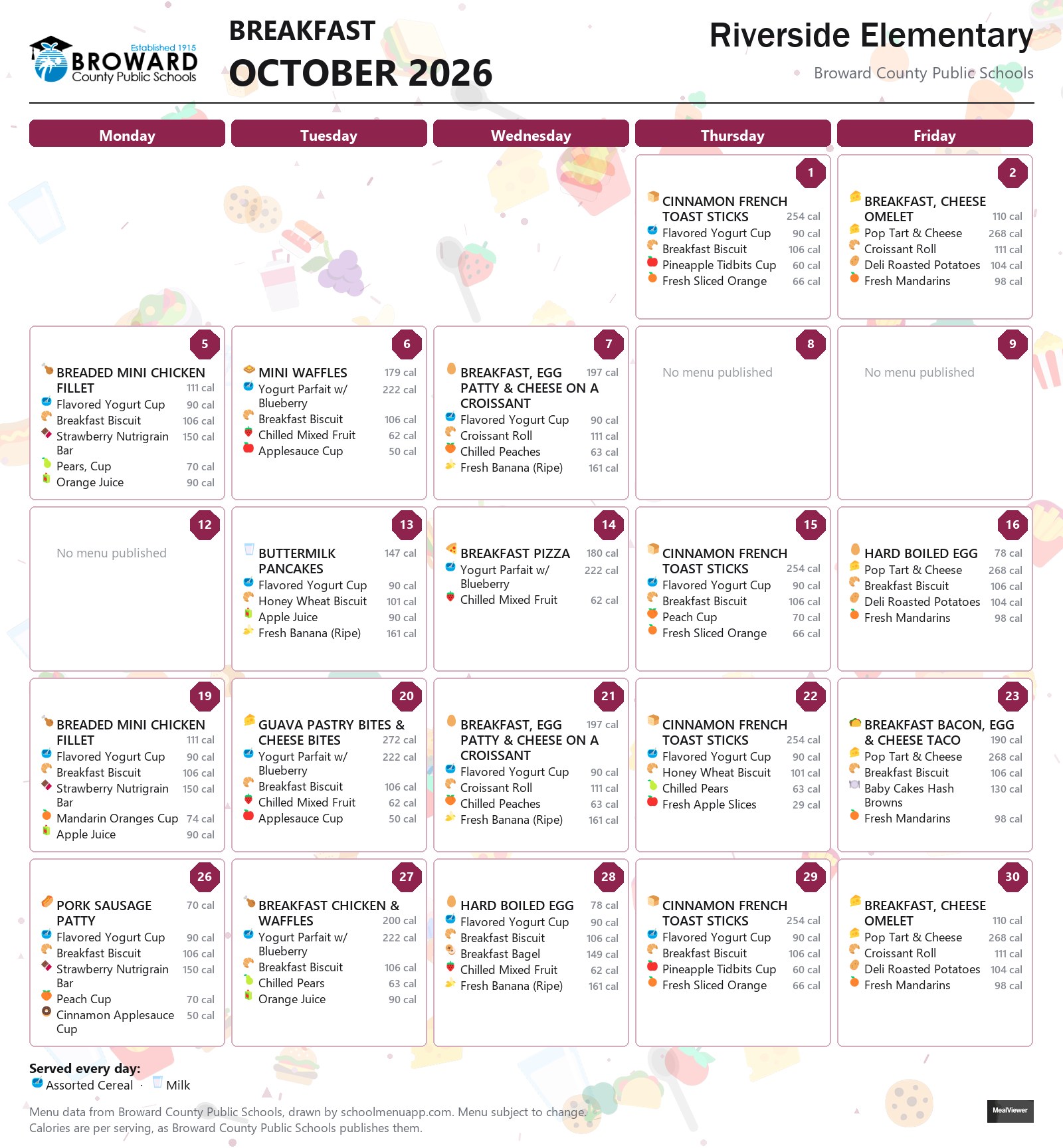 Riverside Elementary breakfast menu for October 2026 &mdash; Broward County Public Schools