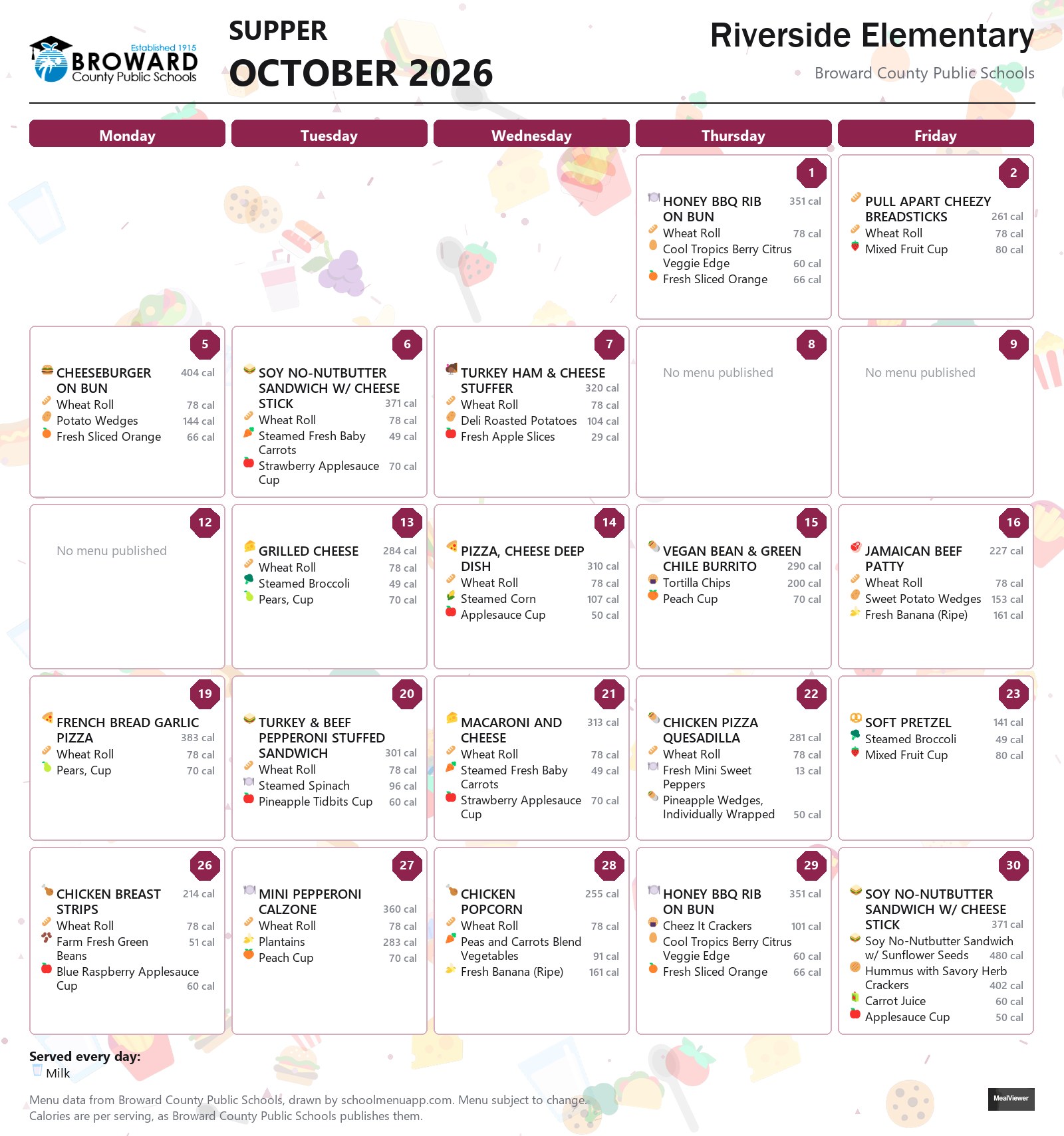 Riverside Elementary supper menu for October 2026 &mdash; Broward County Public Schools