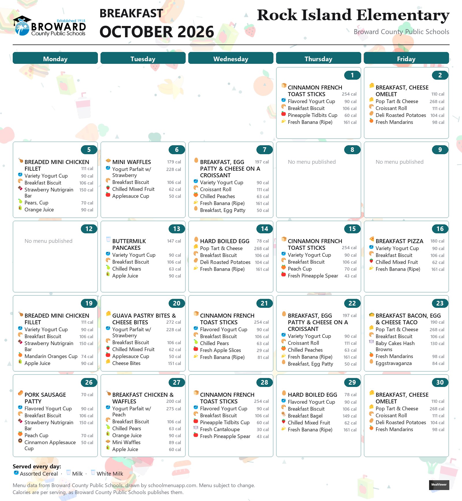 Rock Island Elementary breakfast menu for October 2026 &mdash; Broward County Public Schools