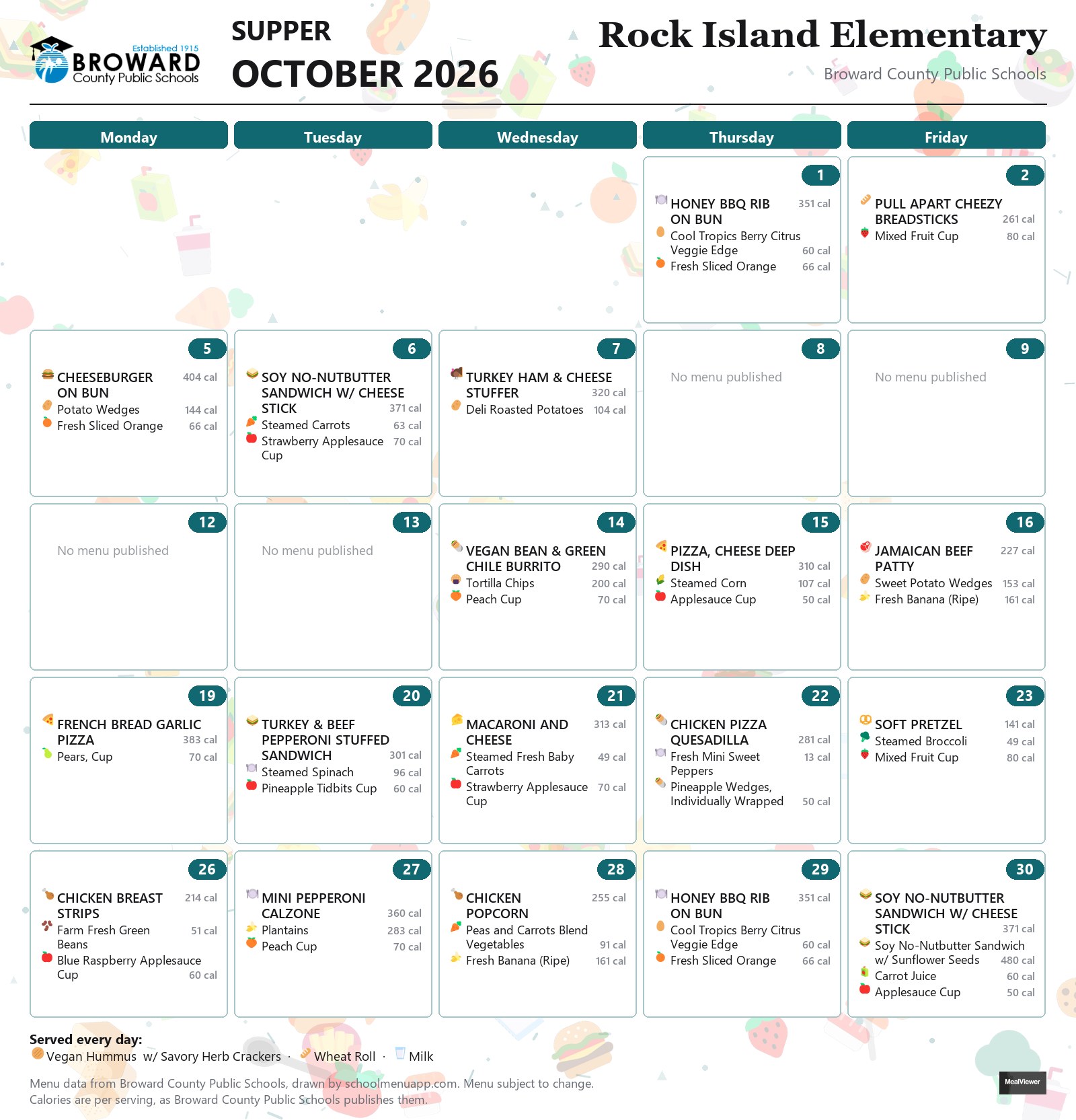 Rock Island Elementary supper menu for October 2026 &mdash; Broward County Public Schools