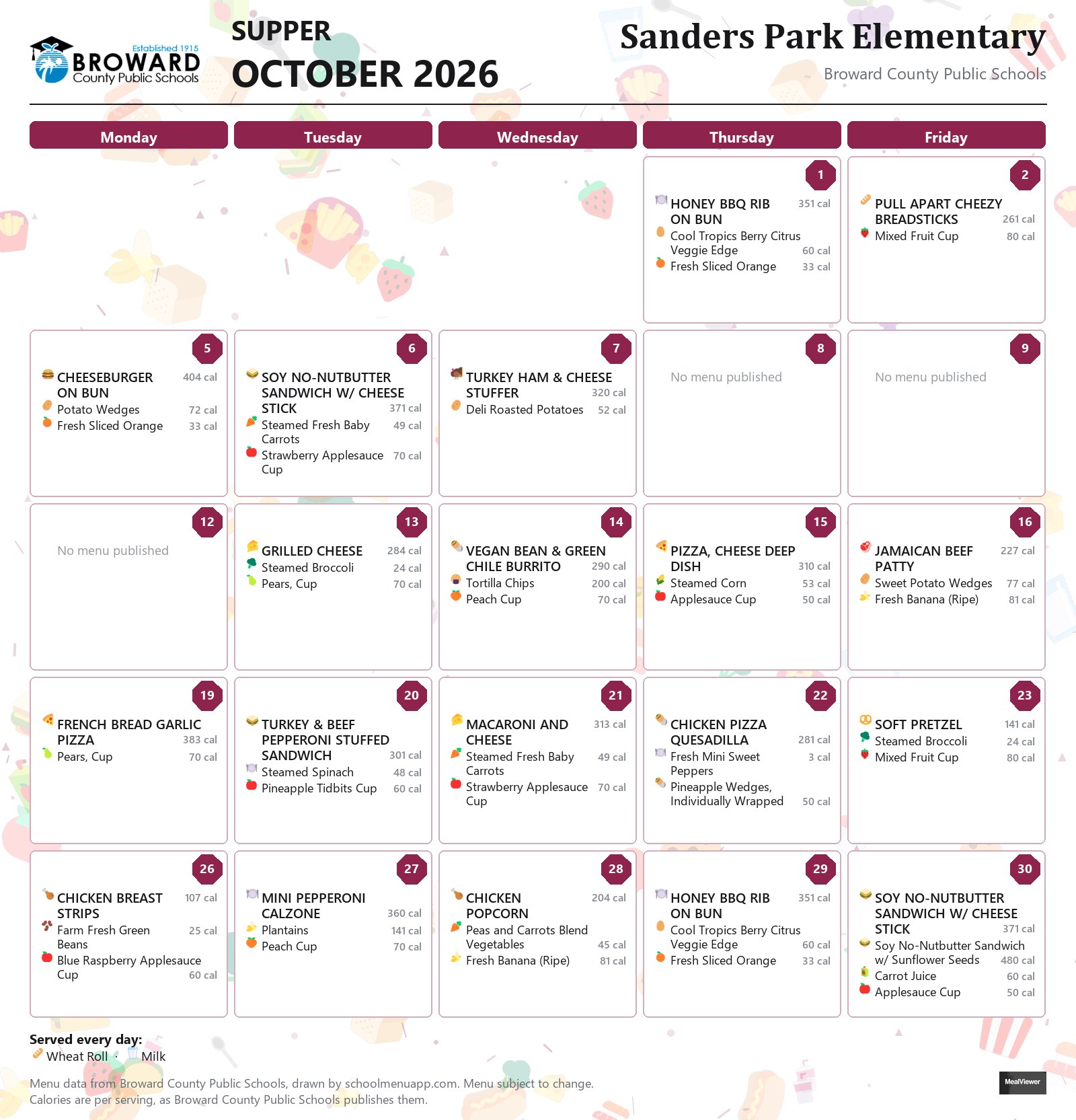 Sanders Park Elementary supper menu for October 2026 &mdash; Broward County Public Schools