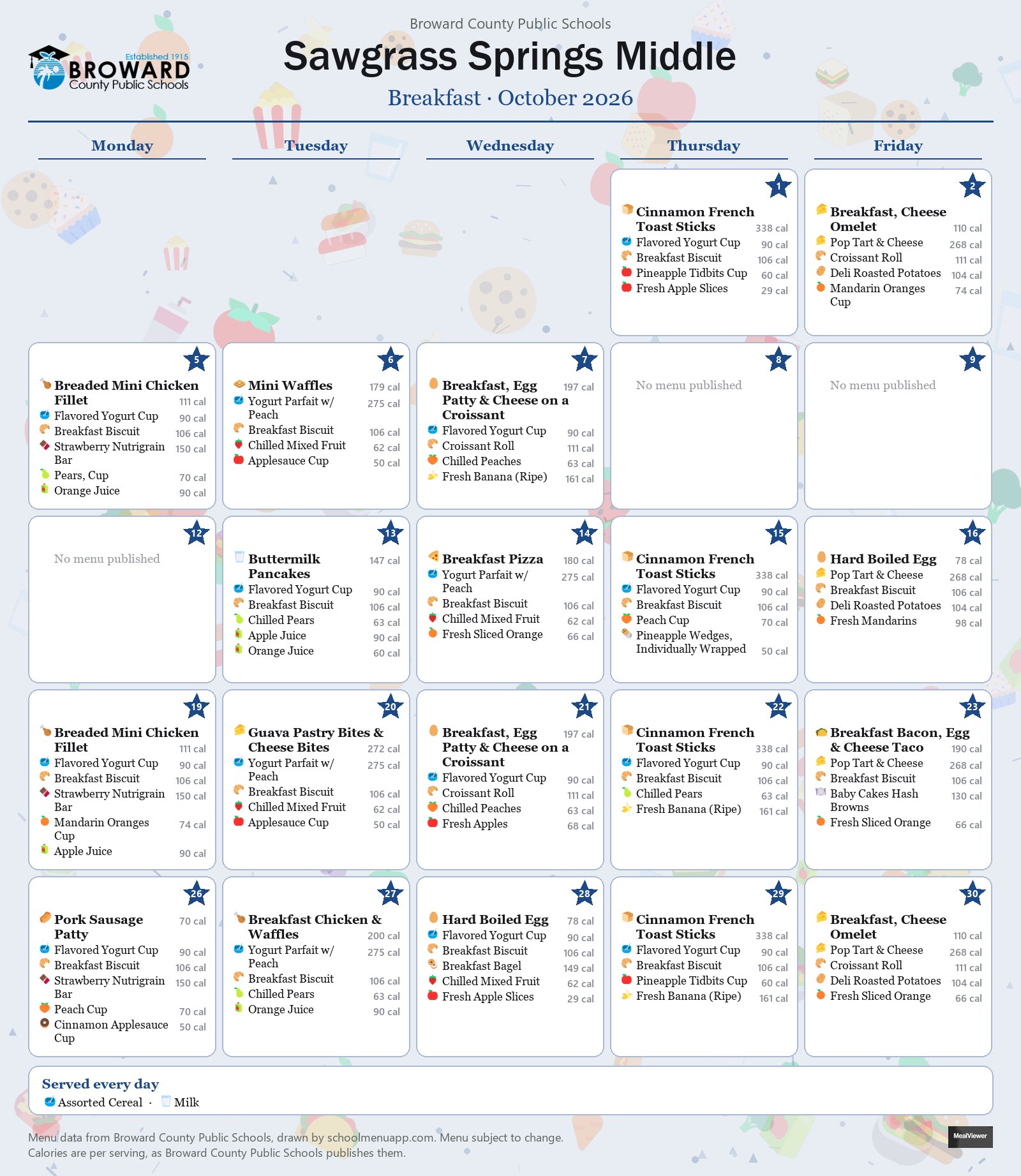 Sawgrass Springs Middle breakfast menu for October 2026 &mdash; Broward County Public Schools