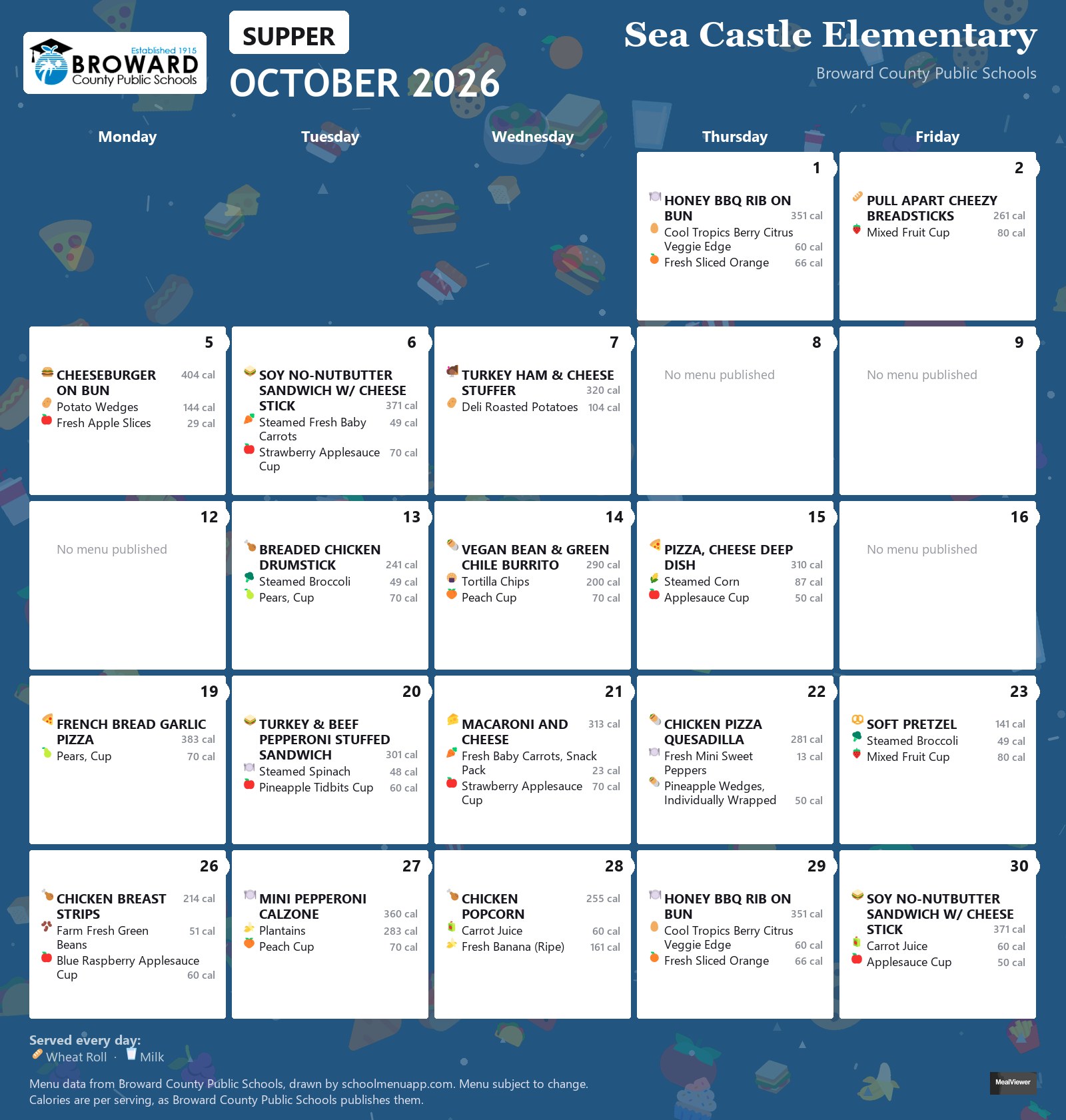 Sea Castle Elementary supper menu for October 2026 &mdash; Broward County Public Schools