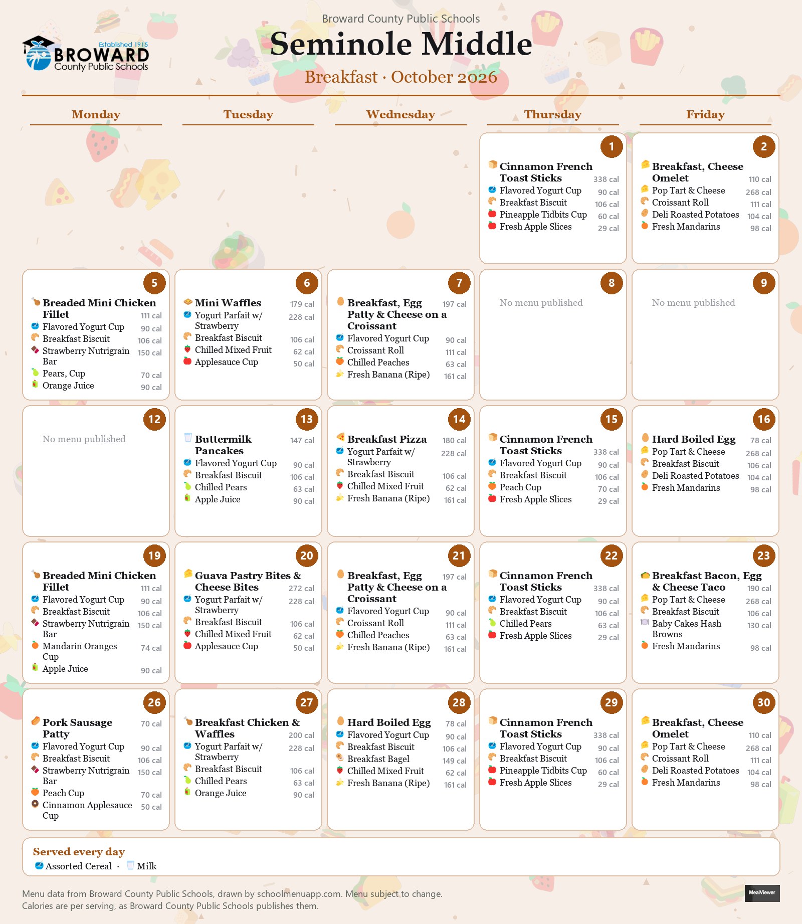 Seminole Middle breakfast menu for October 2026 &mdash; Broward County Public Schools