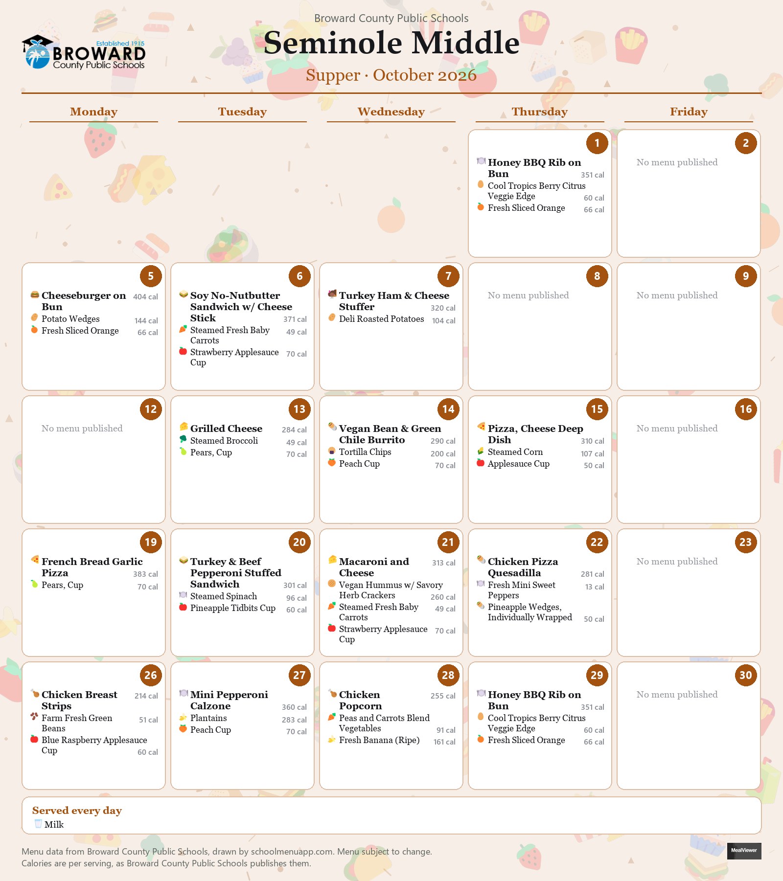 Seminole Middle supper menu for October 2026 &mdash; Broward County Public Schools