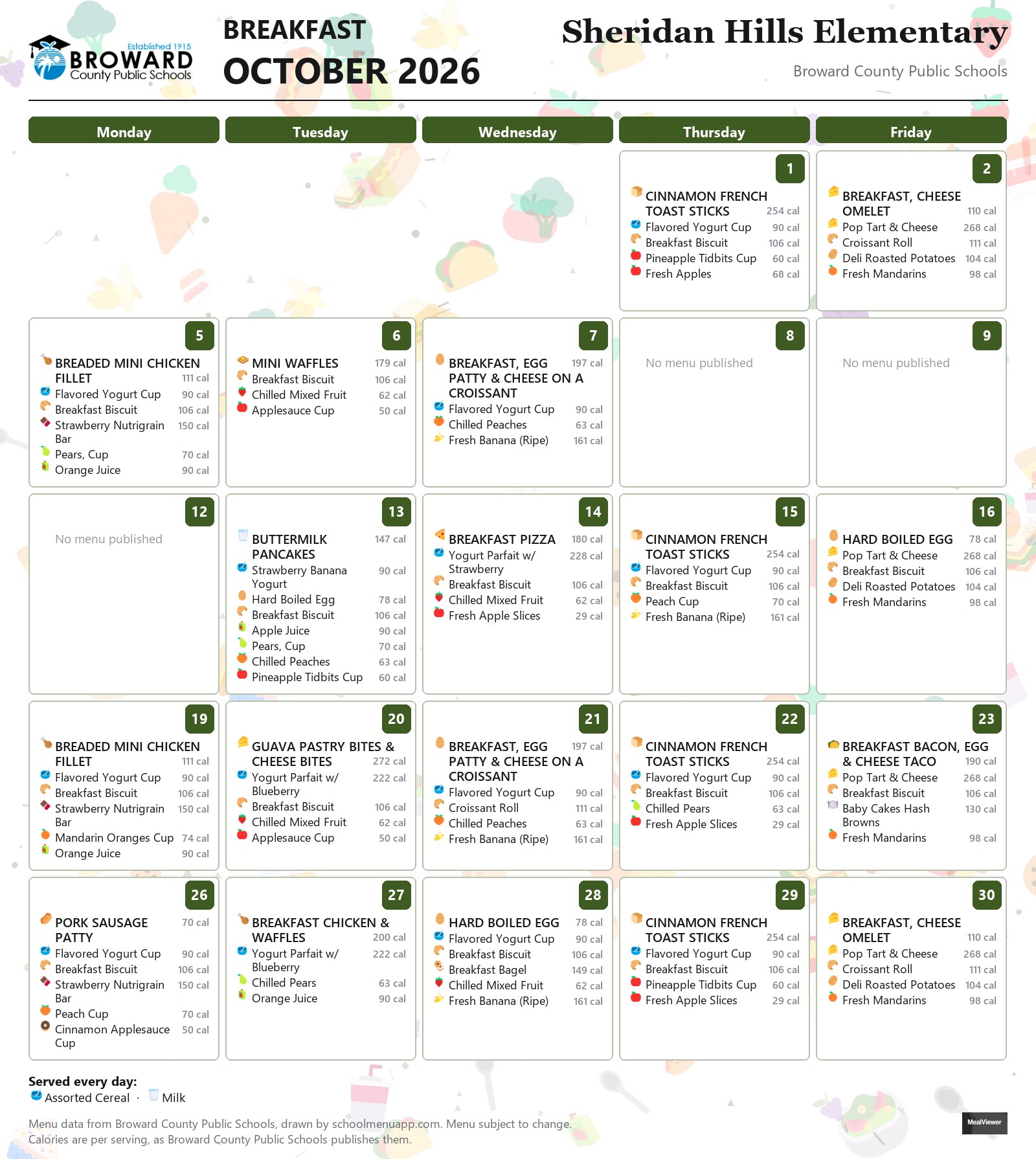 Sheridan Hills Elementary breakfast menu for October 2026 &mdash; Broward County Public Schools
