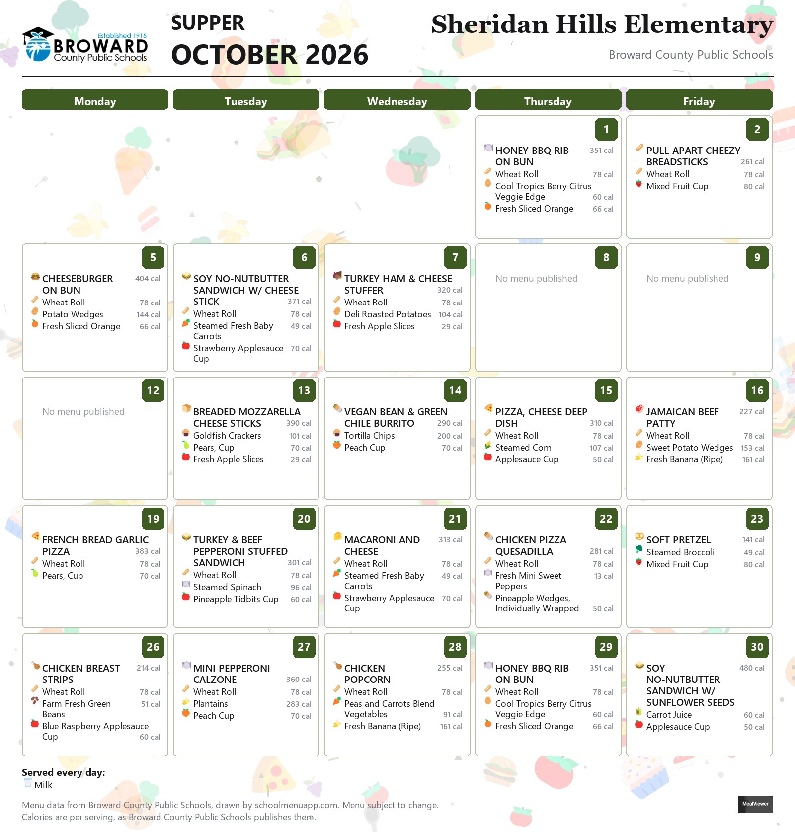 Sheridan Hills Elementary supper menu for October 2026 &mdash; Broward County Public Schools