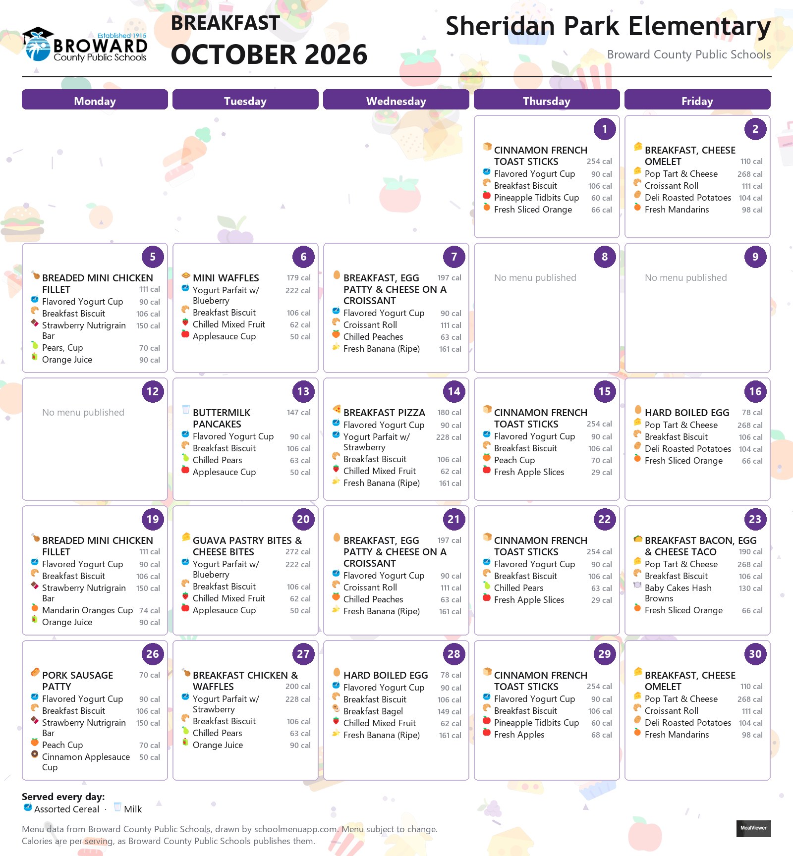 Sheridan Park Elementary breakfast menu for October 2026 &mdash; Broward County Public Schools