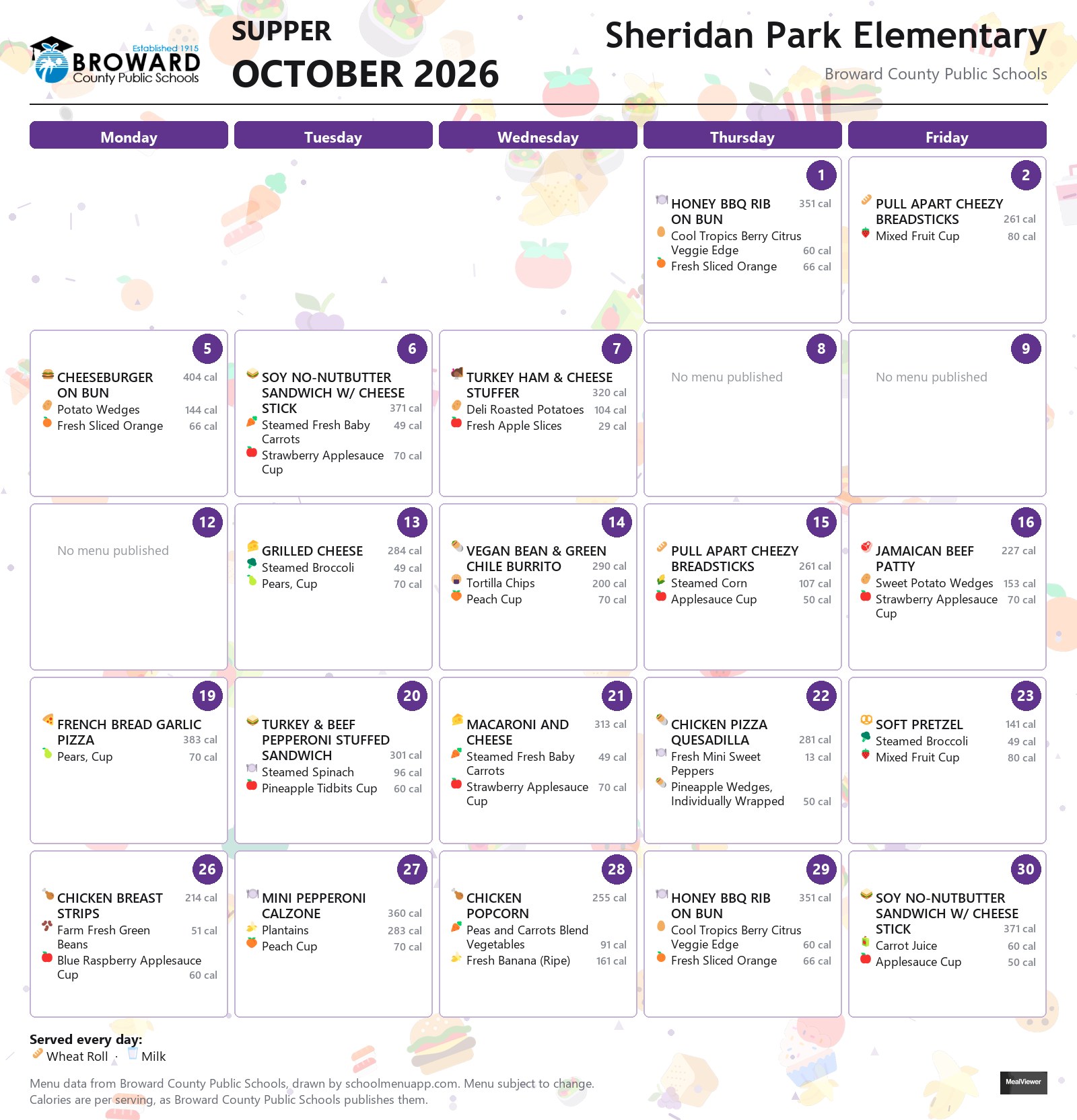 Sheridan Park Elementary supper menu for October 2026 &mdash; Broward County Public Schools