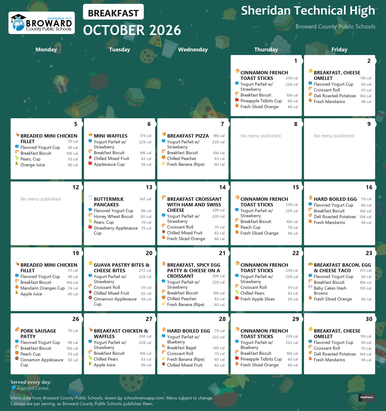 Sheridan Technical High breakfast menu for October 2026 &mdash; Broward County Public Schools