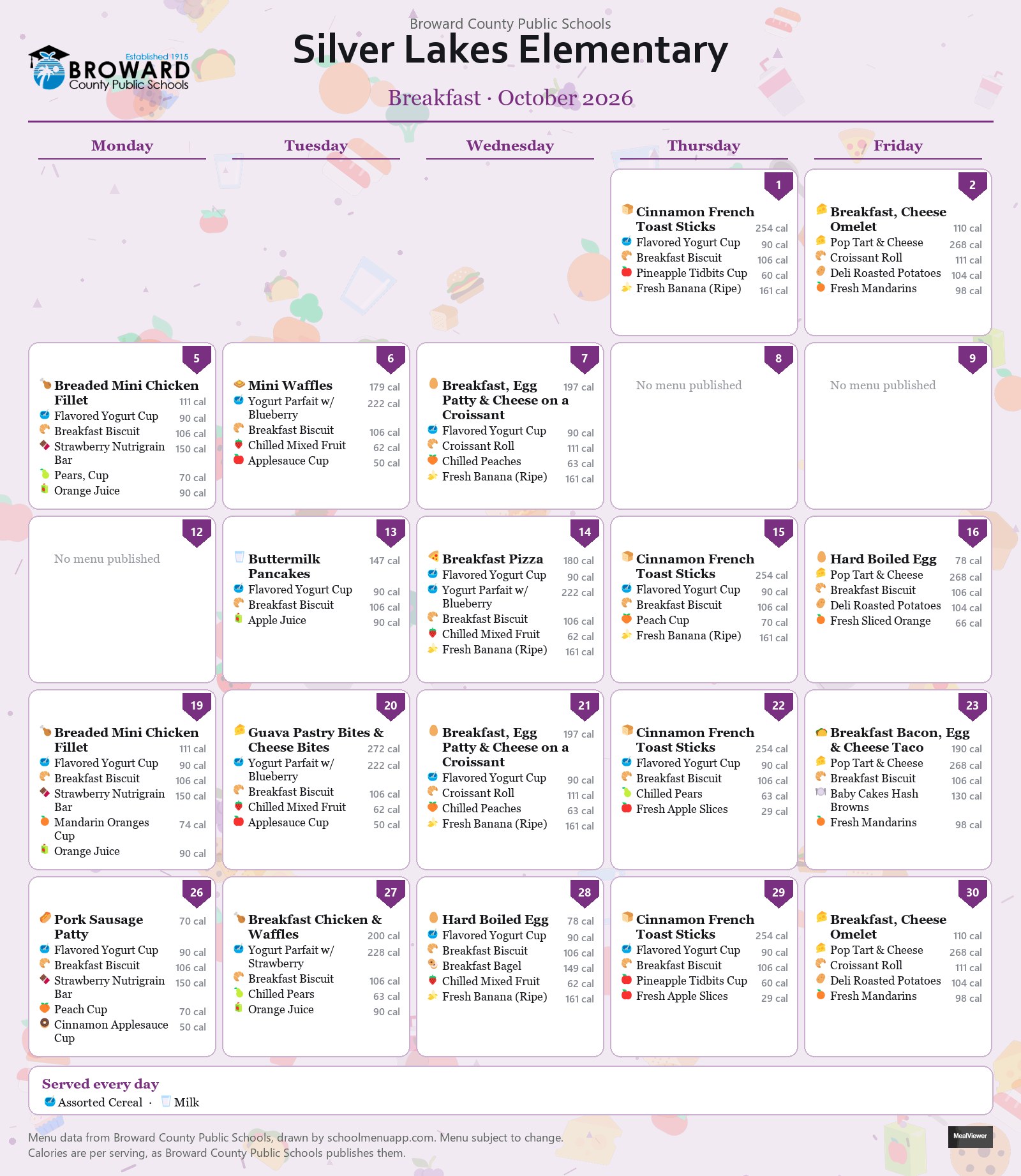 Silver Lakes Elementary breakfast menu for October 2026 &mdash; Broward County Public Schools