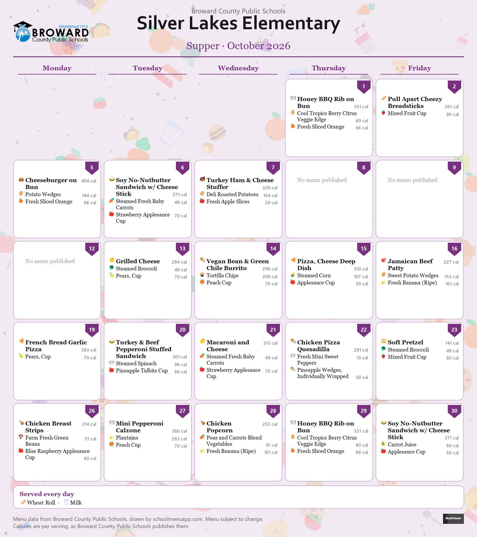 Silver Lakes Elementary supper menu for October 2026 &mdash; Broward County Public Schools