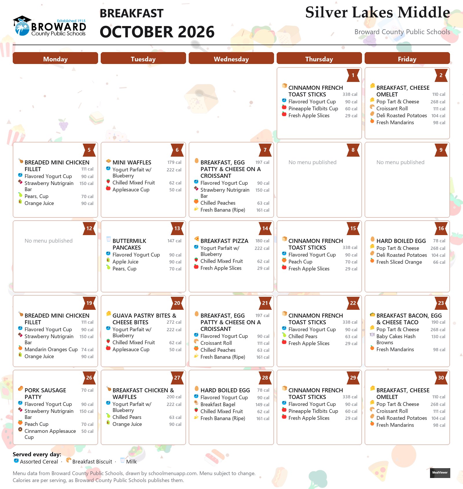 Silver Lakes Middle breakfast menu for October 2026 &mdash; Broward County Public Schools