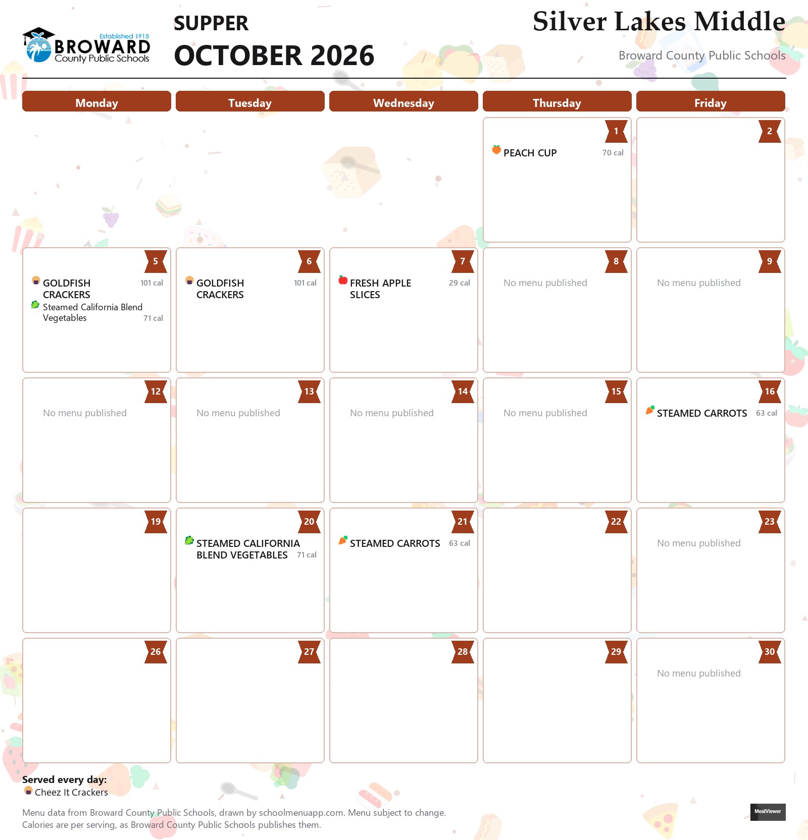 Silver Lakes Middle supper menu for October 2026 &mdash; Broward County Public Schools