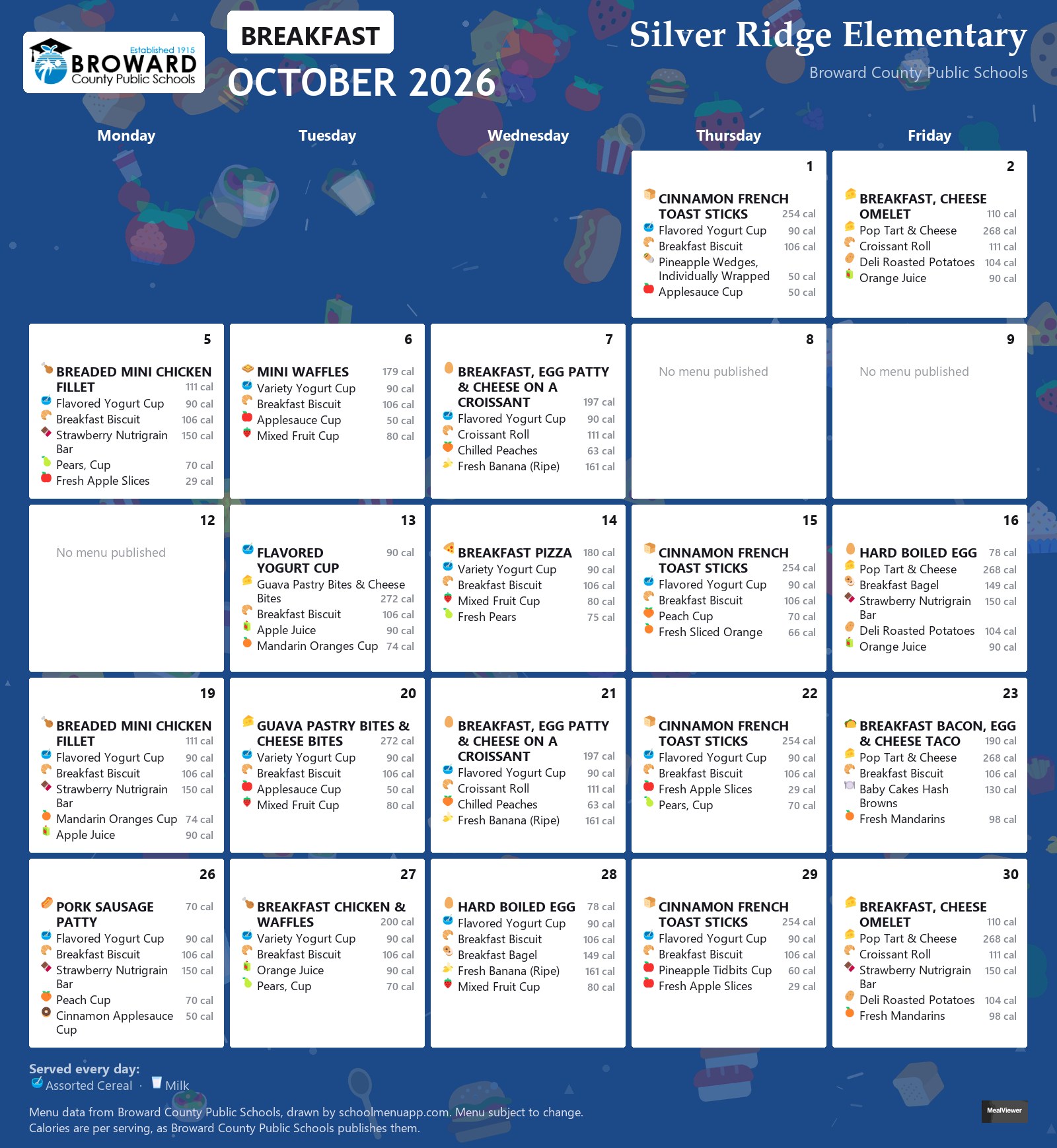 Silver Ridge Elementary breakfast menu for October 2026 &mdash; Broward County Public Schools