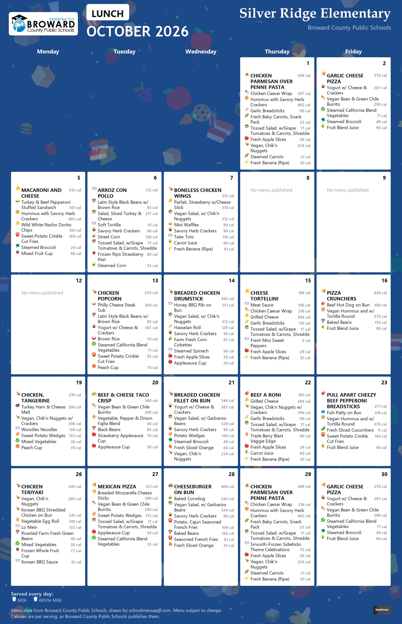 Silver Ridge Elementary lunch menu for October 2026 &mdash; Broward County Public Schools