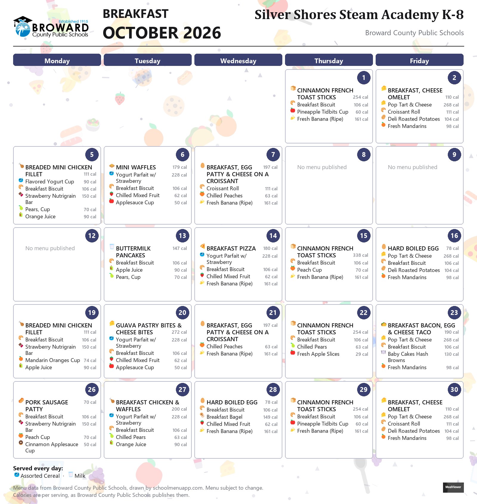 Silver Shores Steam Academy K-8 breakfast menu for October 2026 &mdash; Broward County Public Schools