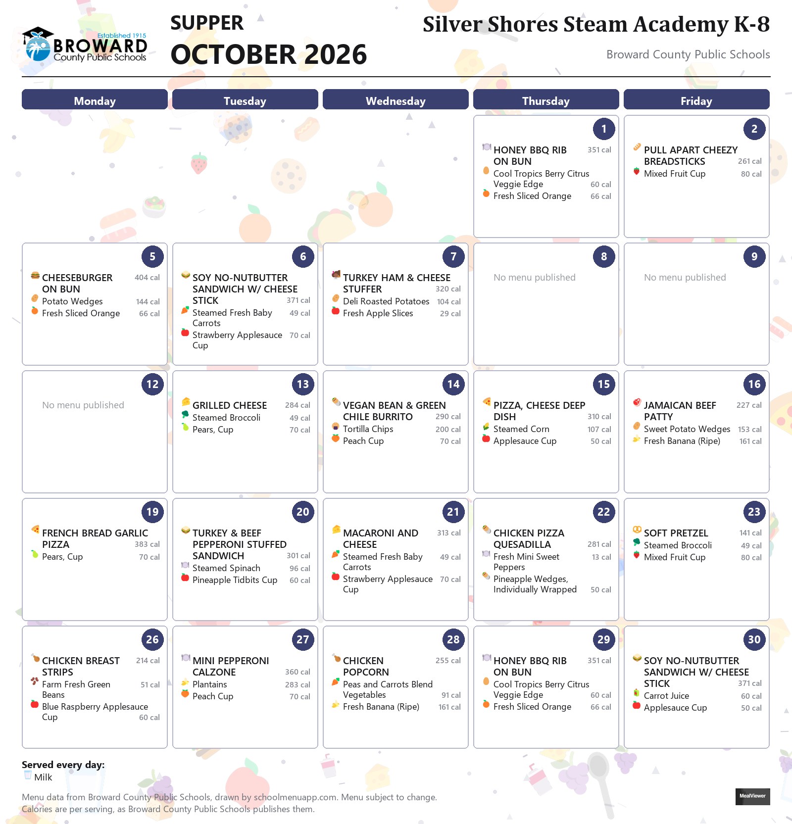Silver Shores Steam Academy K-8 supper menu for October 2026 &mdash; Broward County Public Schools