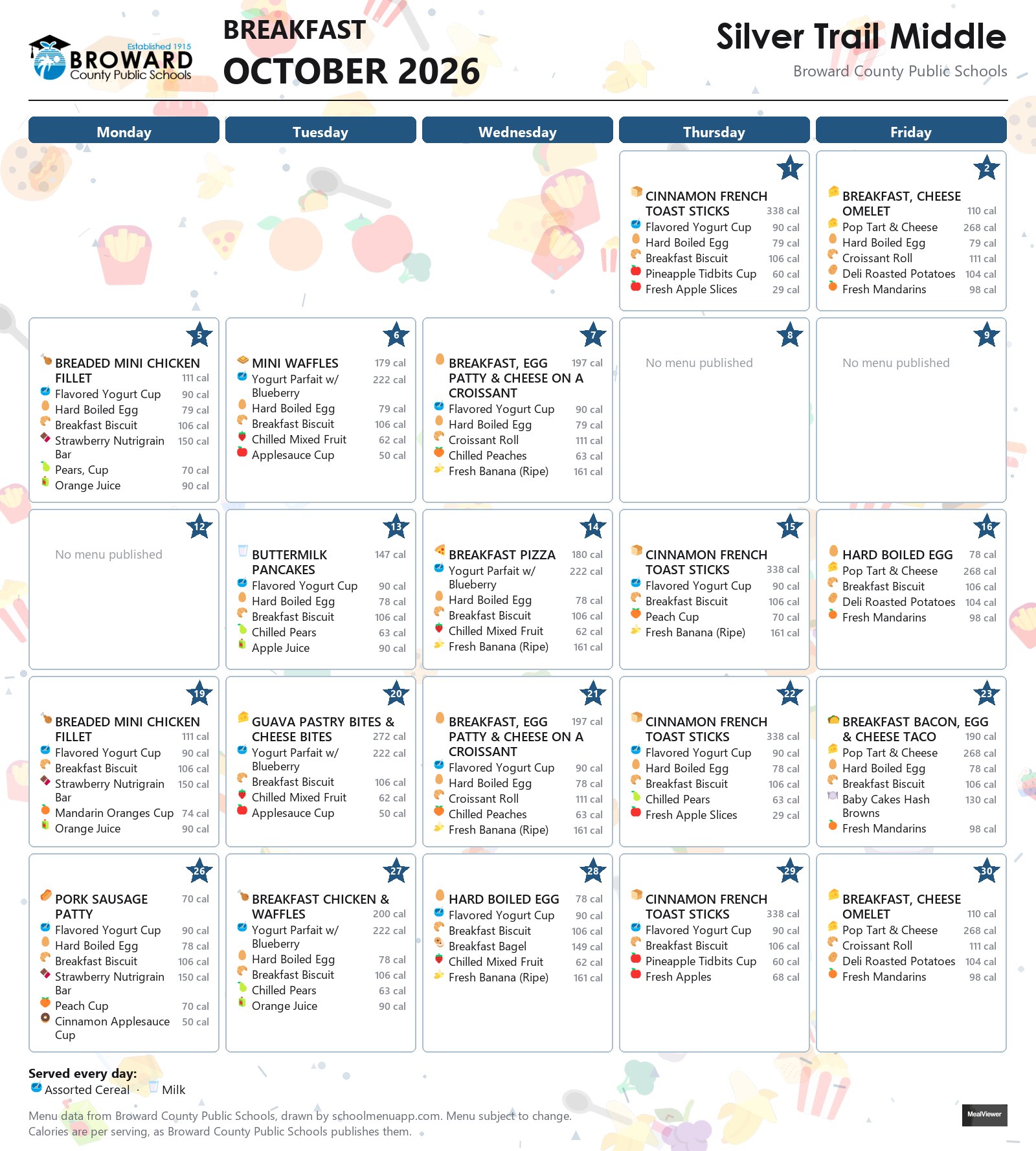 Silver Trail Middle breakfast menu for October 2026 &mdash; Broward County Public Schools