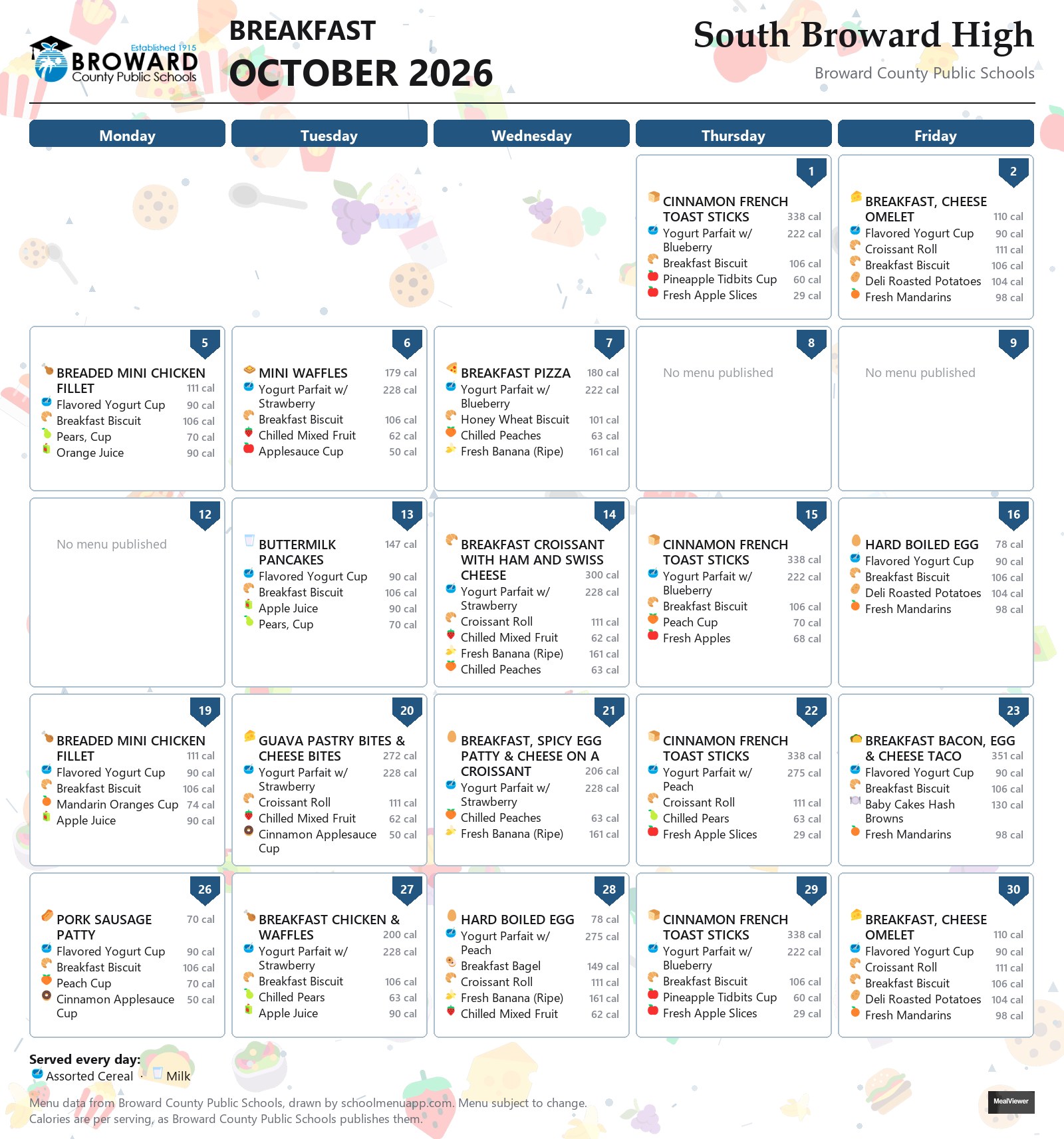 South Broward High breakfast menu for October 2026 &mdash; Broward County Public Schools