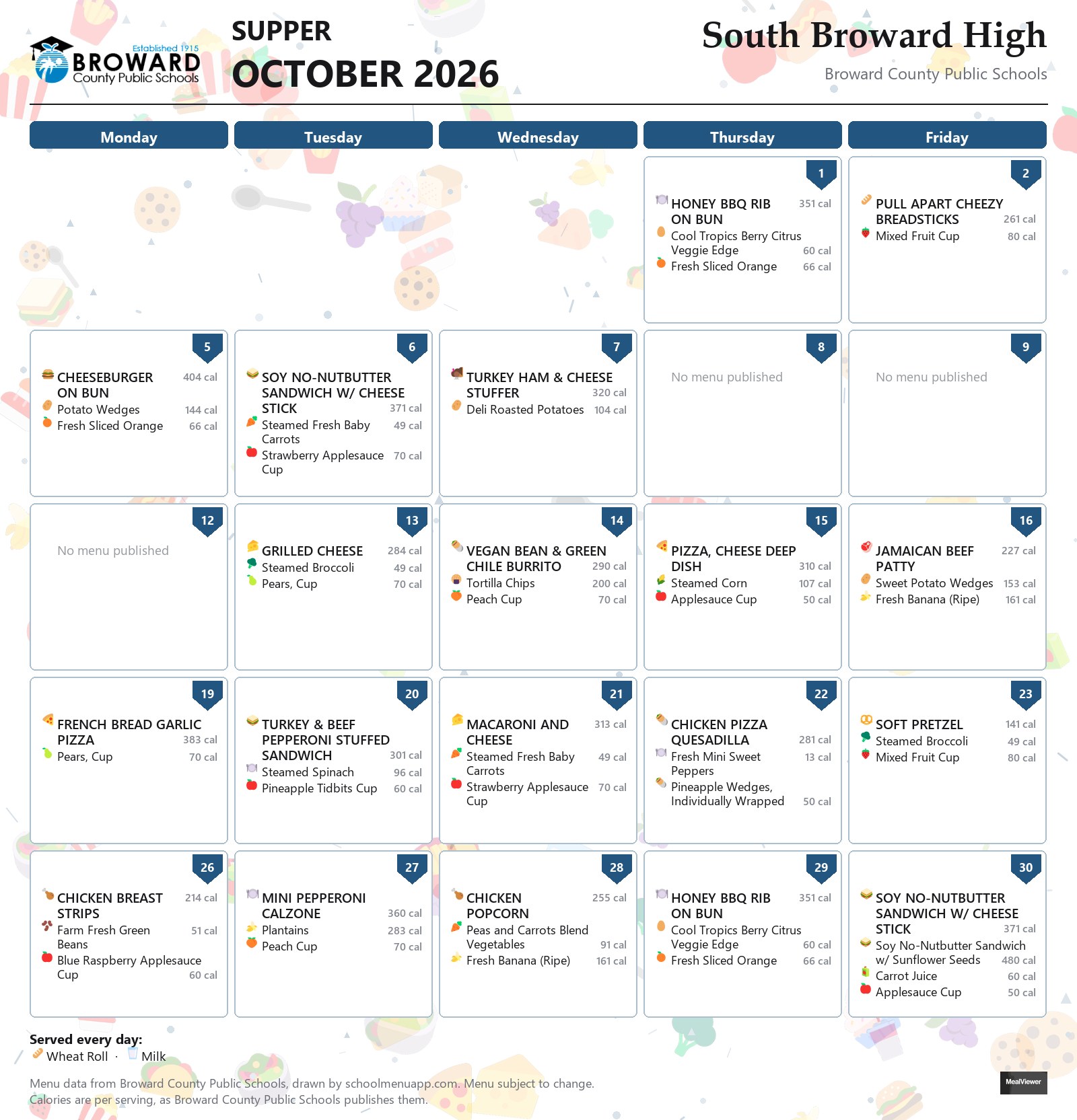 South Broward High supper menu for October 2026 &mdash; Broward County Public Schools