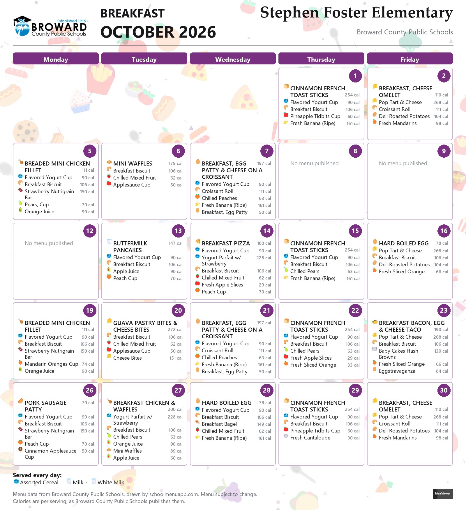 Stephen Foster Elementary breakfast menu for October 2026 &mdash; Broward County Public Schools