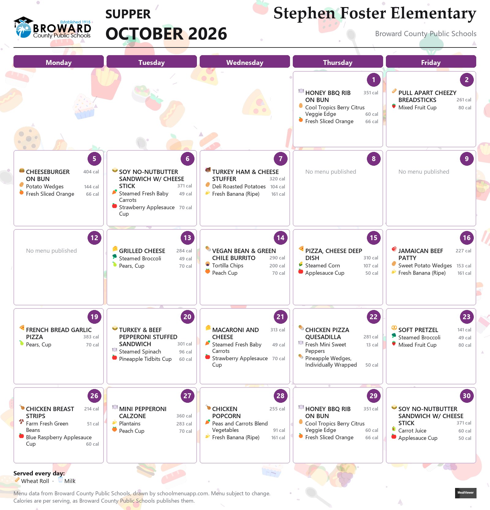 Stephen Foster Elementary supper menu for October 2026 &mdash; Broward County Public Schools