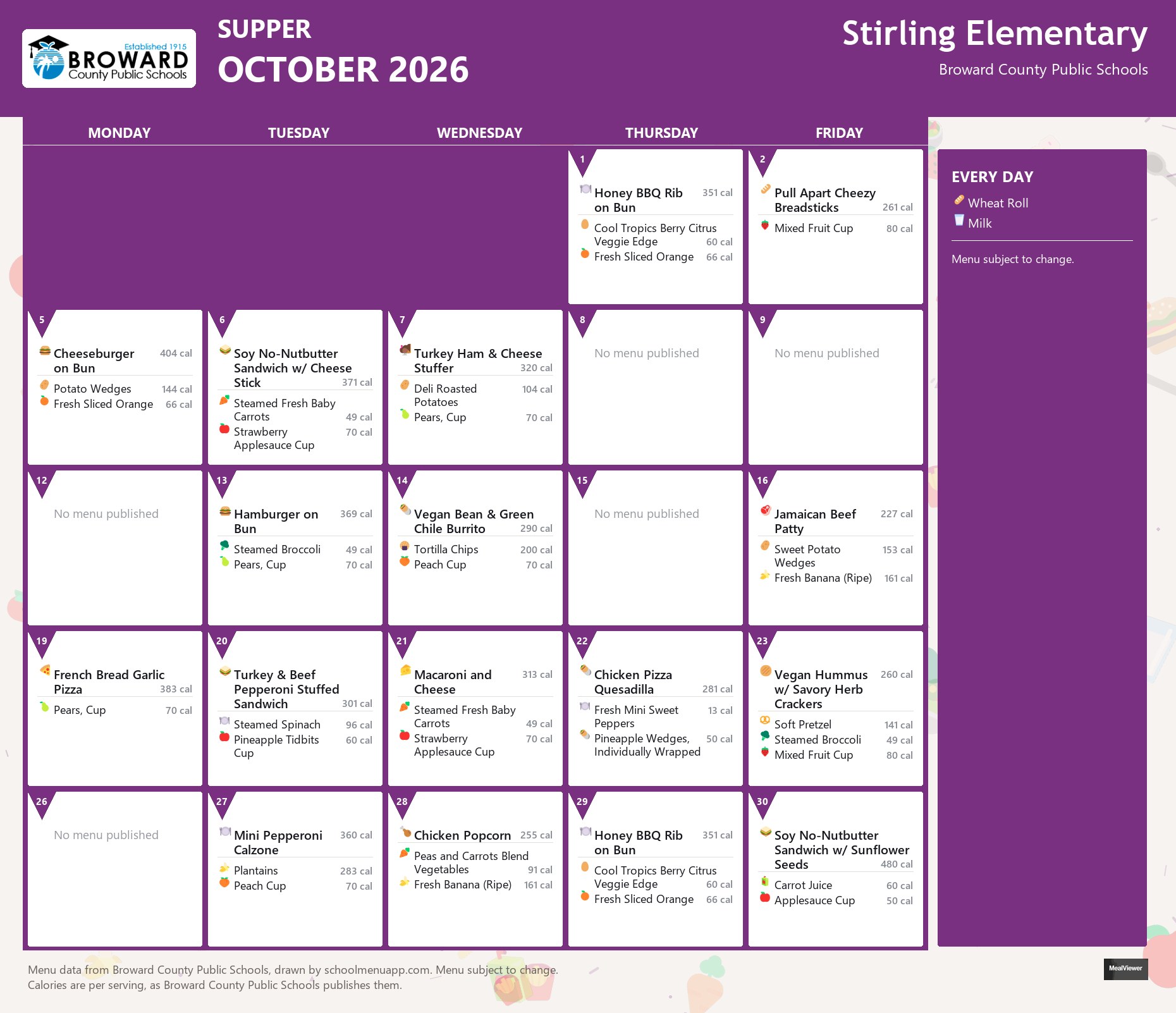 Stirling Elementary supper menu for October 2026 &mdash; Broward County Public Schools