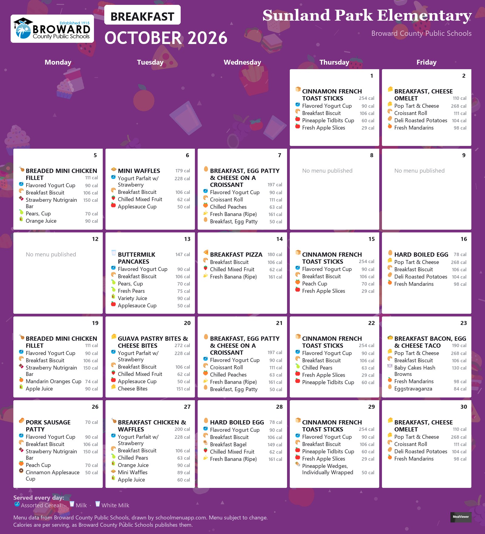 Sunland Park Elementary breakfast menu for October 2026 &mdash; Broward County Public Schools