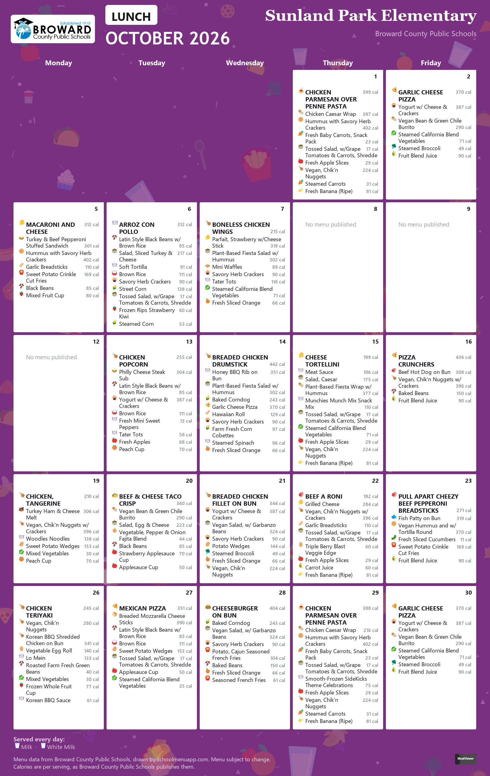 Sunland Park Elementary lunch menu for October 2026 &mdash; Broward County Public Schools