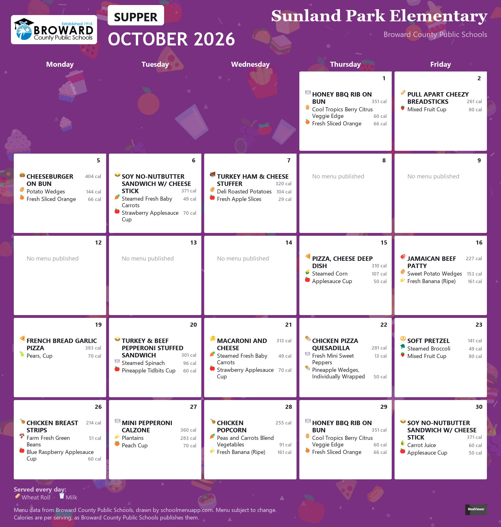 Sunland Park Elementary supper menu for October 2026 &mdash; Broward County Public Schools