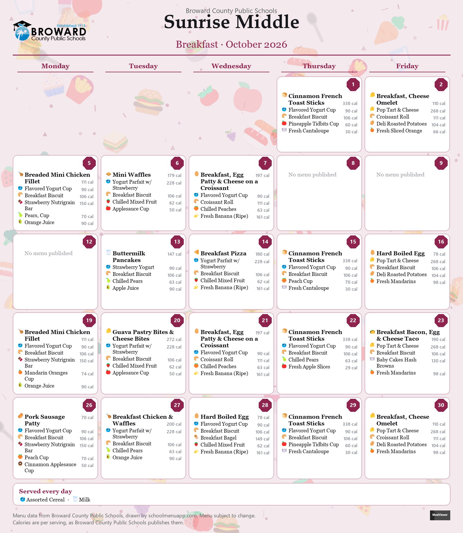 Sunrise Middle breakfast menu for October 2026 &mdash; Broward County Public Schools