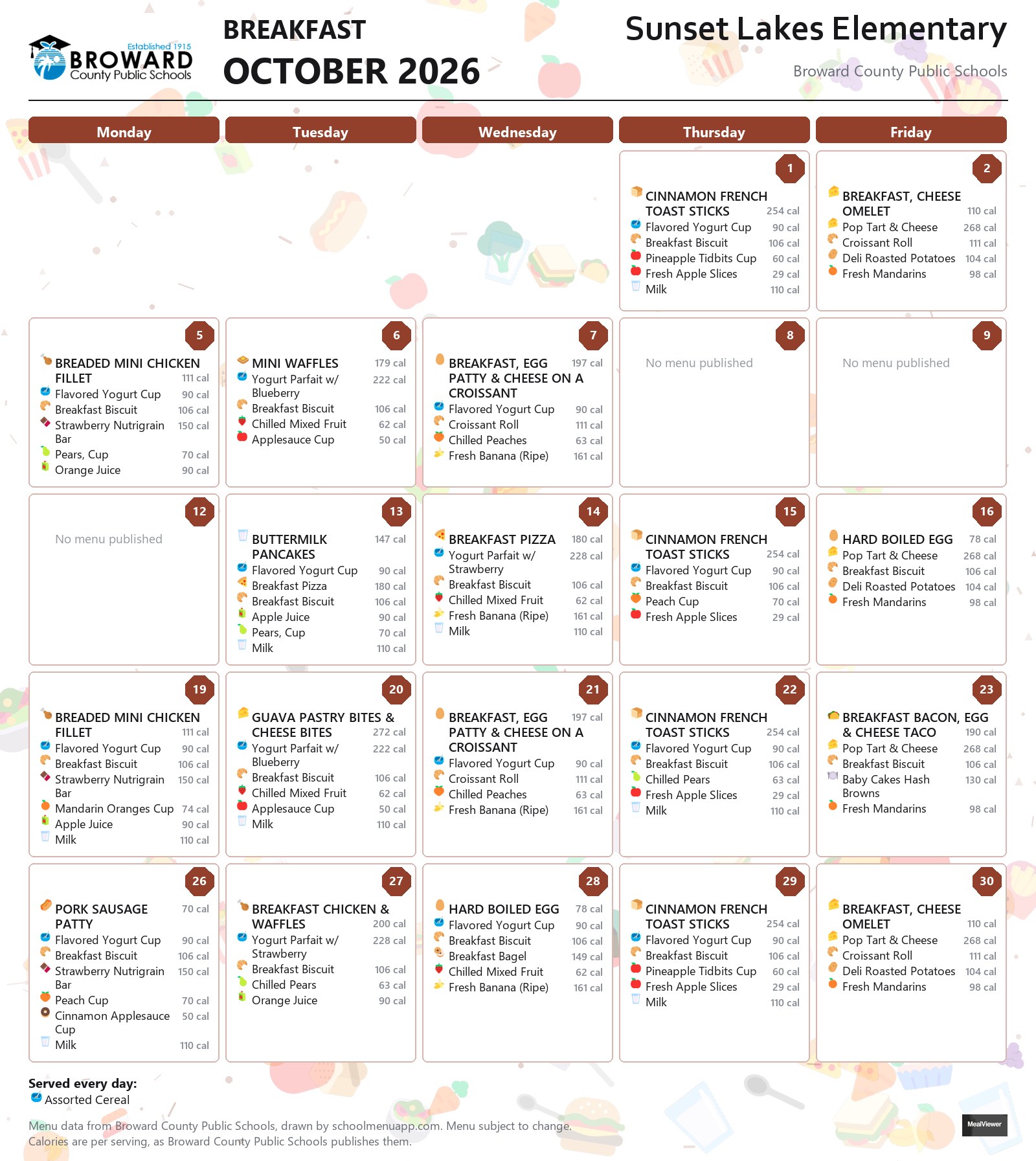Sunset Lakes Elementary breakfast menu for October 2026 &mdash; Broward County Public Schools