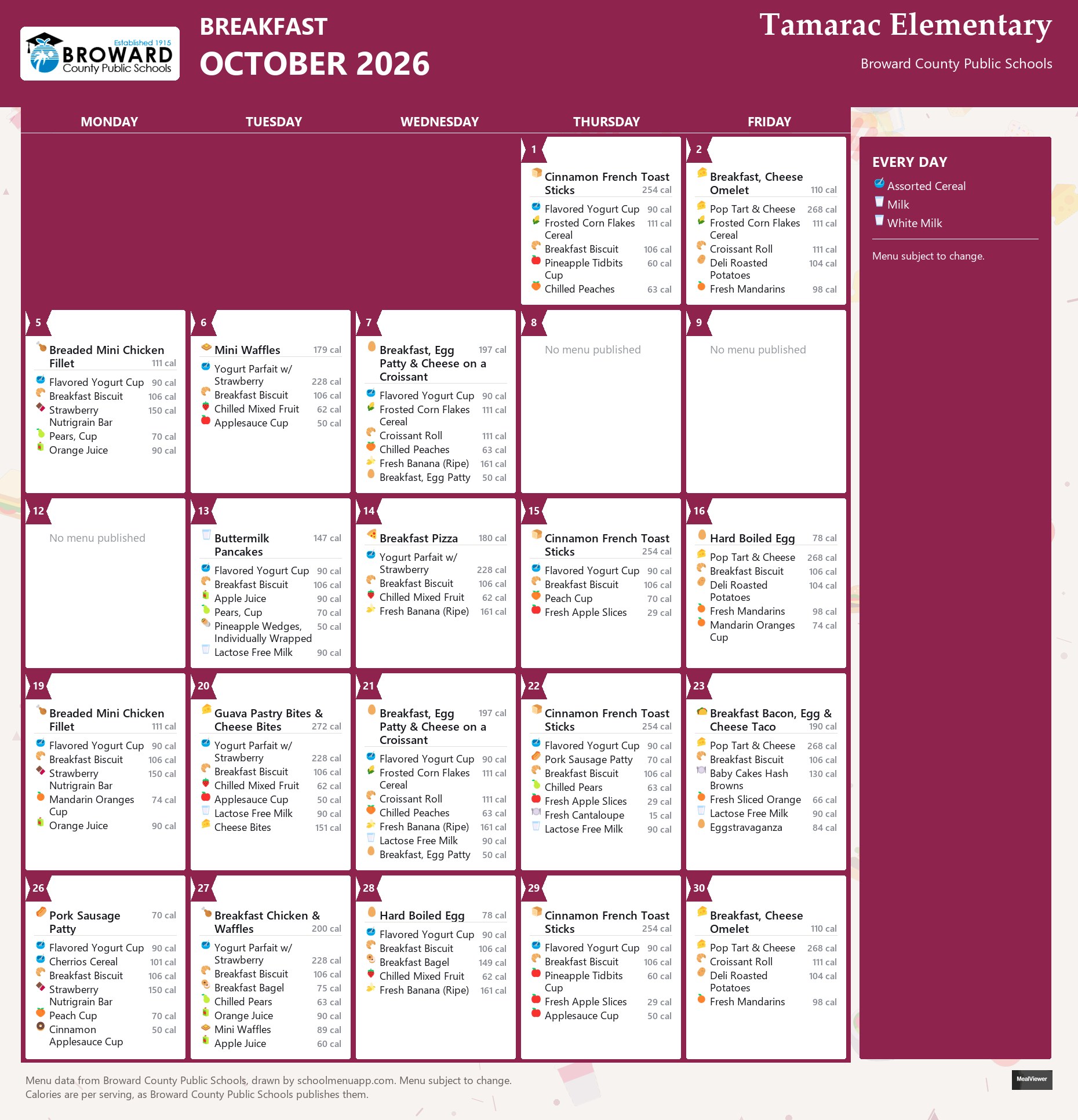 Tamarac Elementary breakfast menu for October 2026 &mdash; Broward County Public Schools