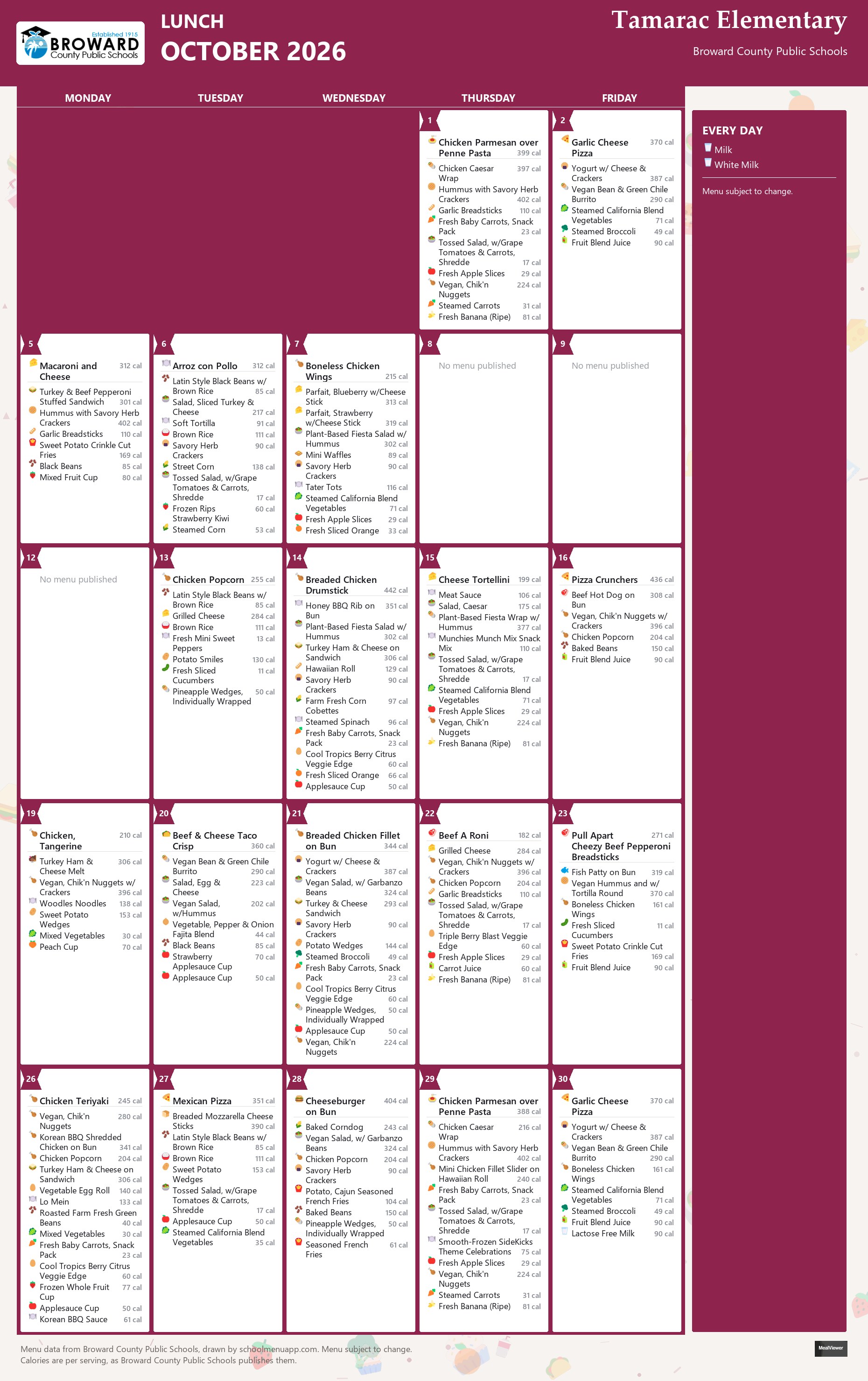 Tamarac Elementary lunch menu for October 2026 &mdash; Broward County Public Schools